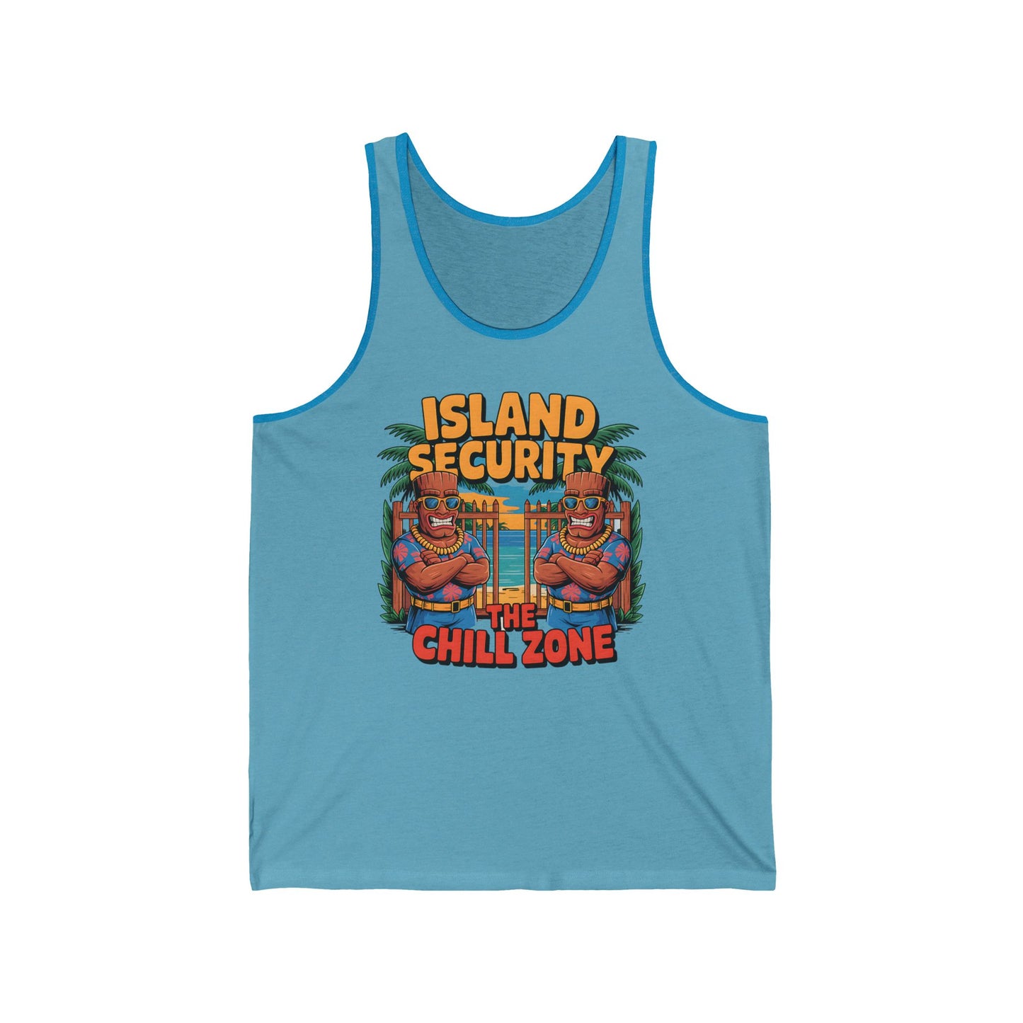 Stay cool this summer in the Island Security Unisex Jersey Tiki Tank Top—made from soft Airlume cotton and featuring a cartoon graphic of chill bulldogs, palm trees, and “ISLAND SECURITY THE CHILL ZONE” text.