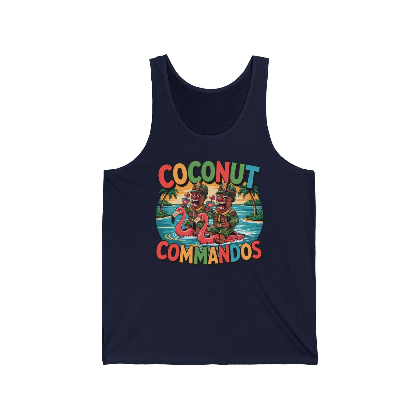 The Coconut Commandos Unisex Jersey Tiki Tank Top features a vibrant print of two helmeted flamingos with coconuts on a tropical beach—perfect for summer. Its relaxed fit ensures all-day comfort and fun tropical style.