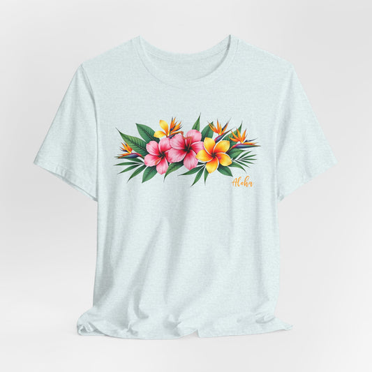The Tropical Floral Unisex Jersey T-Shirt - Perfect for Summer Vibes features a colorful hibiscus and plumeria floral print with Aloha in orange script on soft gray Airlume combed cotton—ideal for a vibrant summer look.