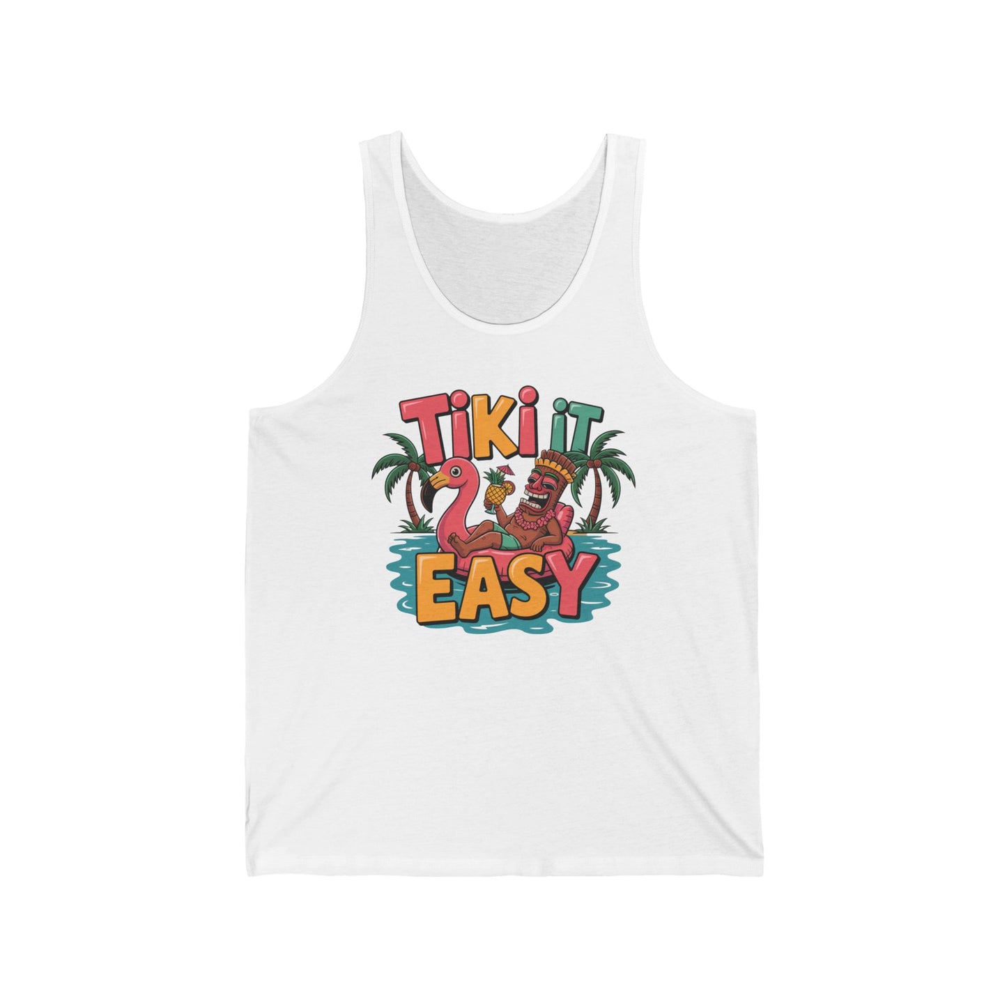 The Tiki It Easy Unisex Jersey Tiki Tank Top features a vibrant pink flamingo, tiki statue, palm trees, and water with Tiki it Easy text. Lightweight and perfect for summer vibes or beach party essentials.