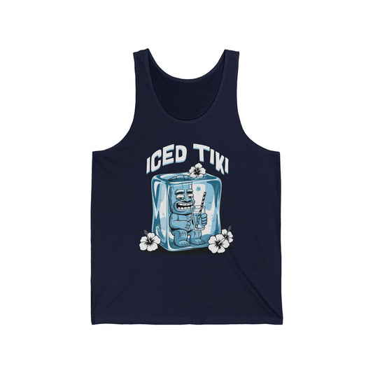 The Iced Tiki Unisex Jersey Tank Top features a cartoon tiki statue with a drink in ice, white flowers, and bold “ICED TIKI” text—perfect for beach lovers and summer parties.