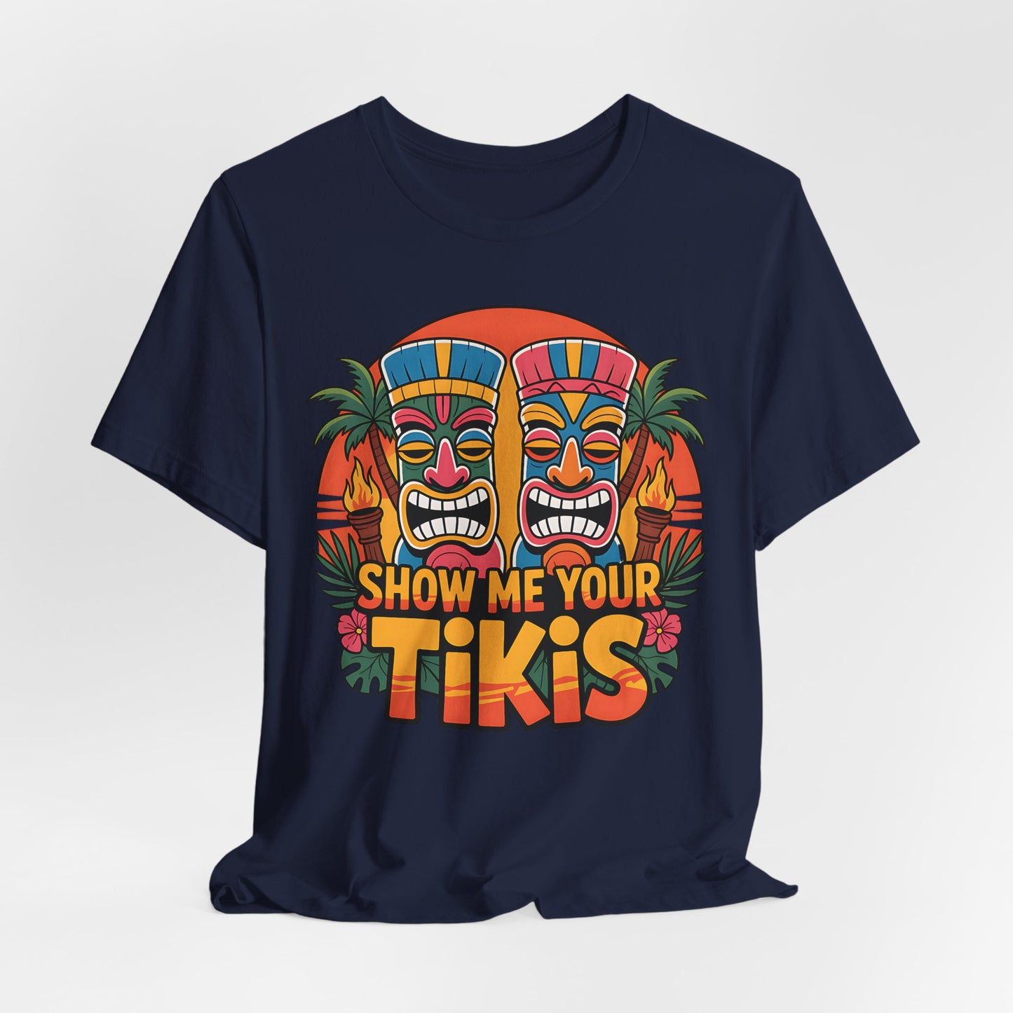 Navy blue t-shirt with colorful tiki design and text on a white background
