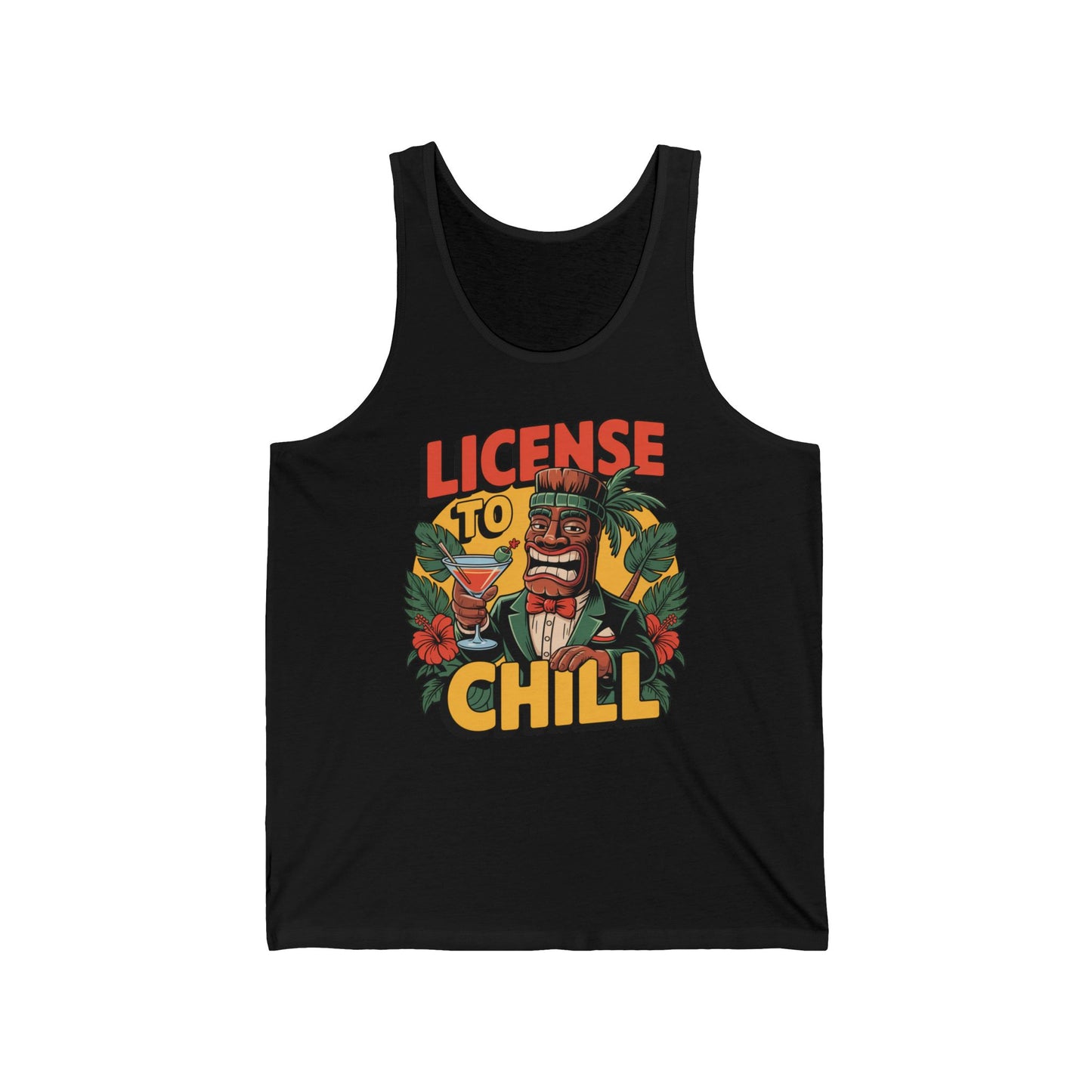 The License to Chill Unisex Jersey Tiki Tank Top features a vibrant tiki in a suit with a cocktail, tropical foliage, and bold LICENSE TO CHILL text—crafted from breathable fabric for perfect summer vibes and relaxation.