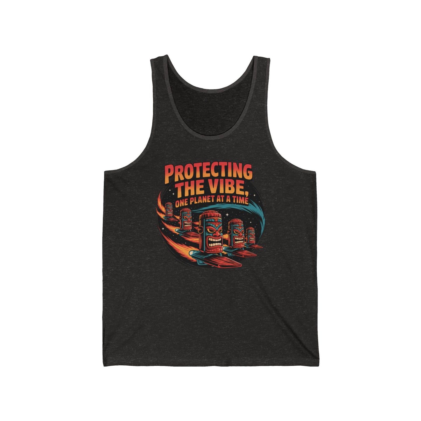 The Protecting The Vibe Unisex Jersey Tiki Tank Top is an eco-friendly, ultra-soft tank featuring colorful retro tiki heads and PROTECTING THE VIBE, ONE PLANET AT A TIME—a perfect summer addition.