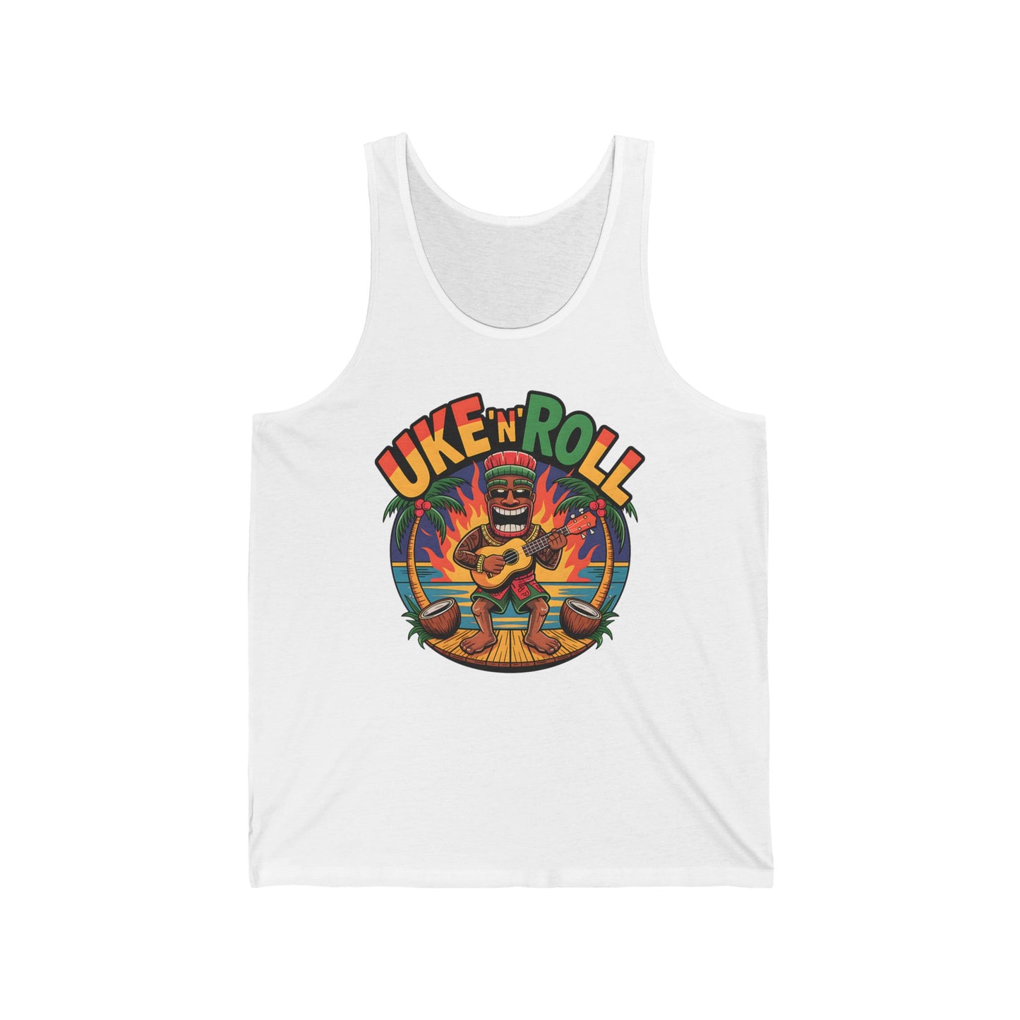 The UKE N ROLL Unisex Jersey Tiki Tank Top features a vibrant cartoon tiki with a ukulele and Uke n Roll lettering—ideal for music lovers and summer festival vibes, with tropical accents and bold colors.