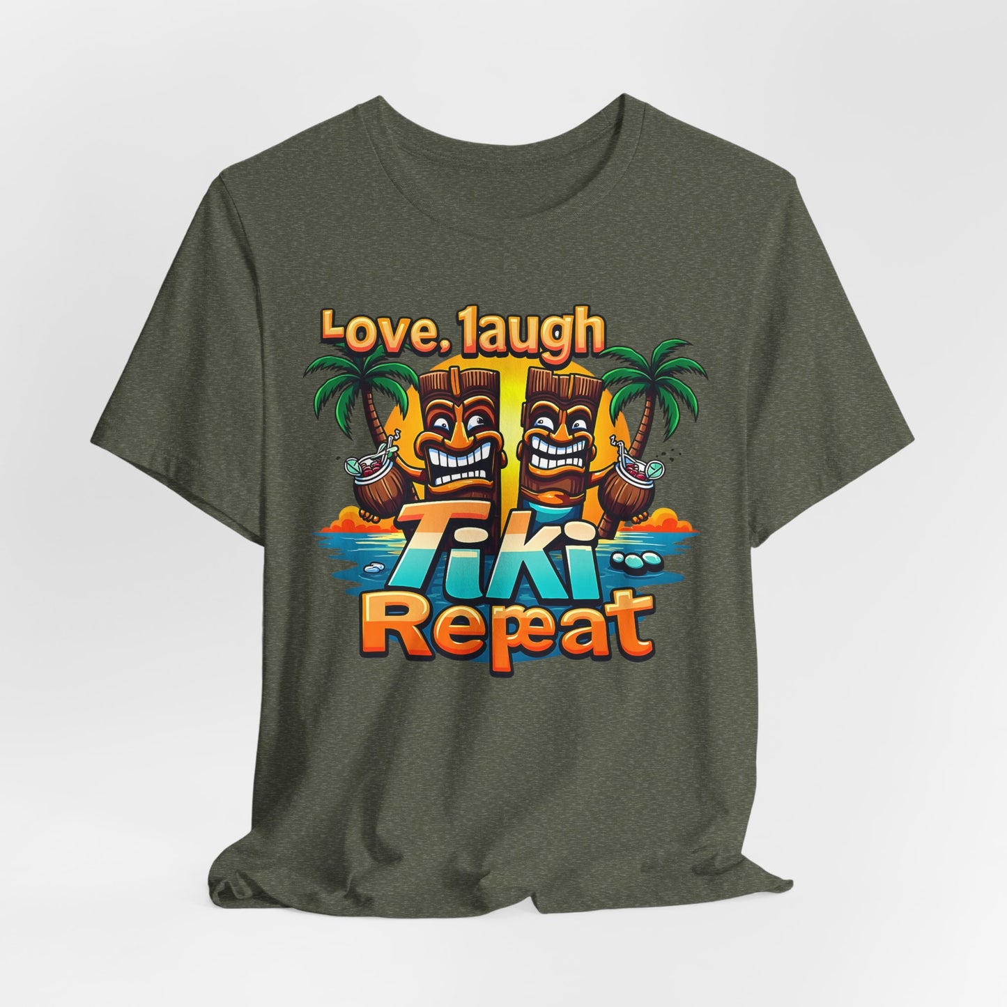The Tiki Love Unisex Short Sleeve Tiki T-Shirt - Fun Tropical Vibes in olive green features two smiling tikis, palm trees, ocean waves, and “Love, Laugh, Tiki, Repeat” text for a playful island feel.