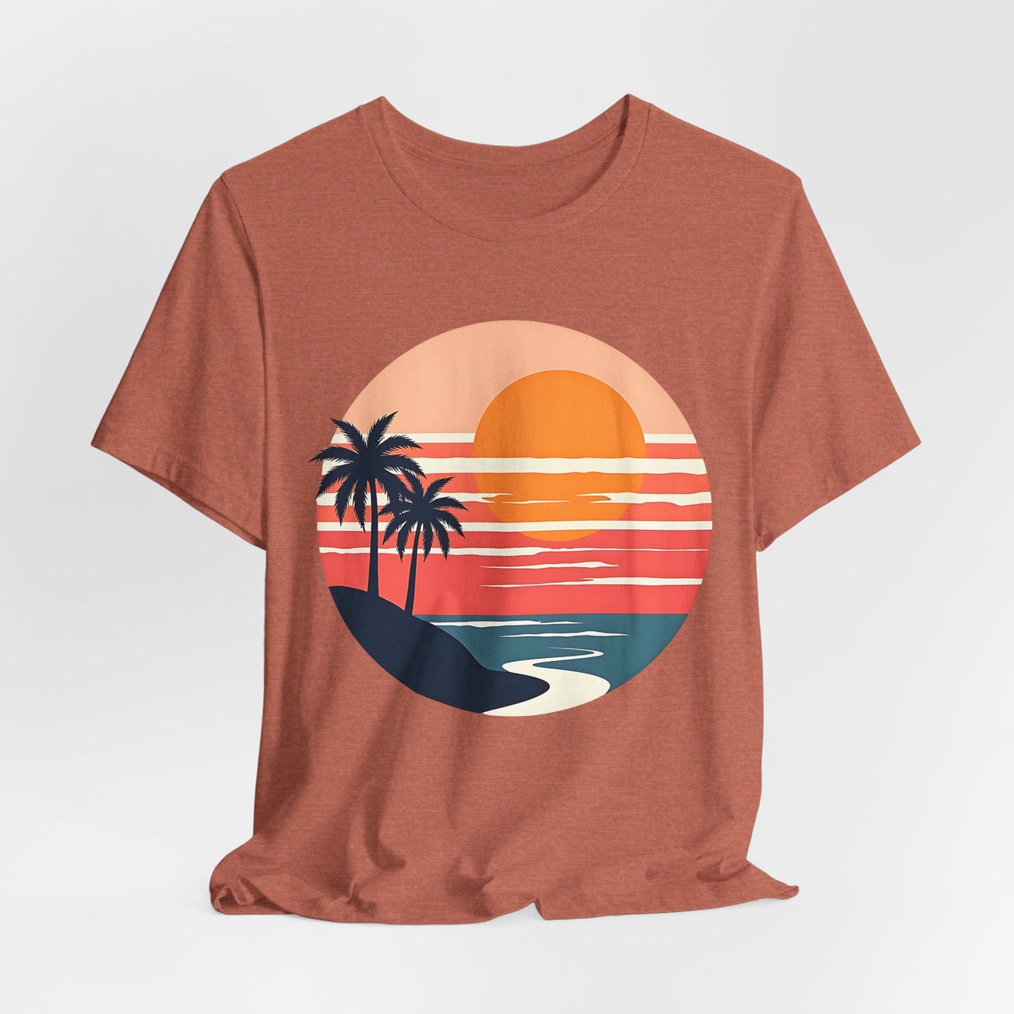 The Sunset Serenity Unisex Jersey Short Sleeve T-Shirt features a rust color and retro circular graphic with sunset, shoreline, ocean waves, clouds, and vibrant palms—ideal for beach lovers.
