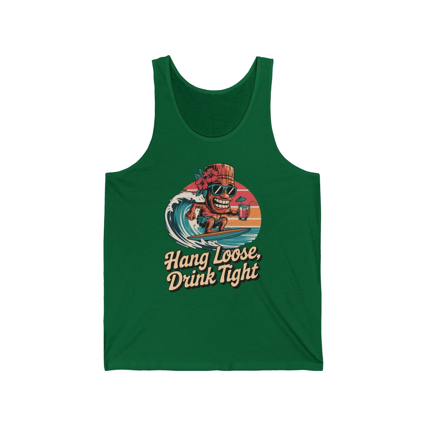 The Hang Loose Drink Tight Unisex Jersey Tank features a cartoon tiki surfing in sunglasses with a flower, plus “Hang Loose, Drink Tight”—perfect for adding summer vibes and a laid-back feel to your wardrobe.
