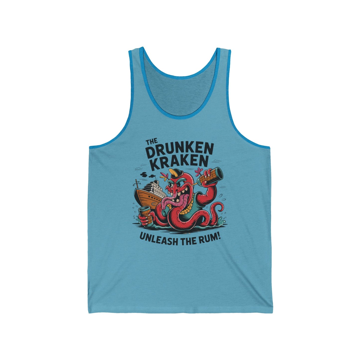The Drunken Kraken Unisex Jersey Tank - Unleash the Rum! features a cartoon red kraken with a barrel of rum and ship, plus playful text—ideal for ocean fans and summer festivals.