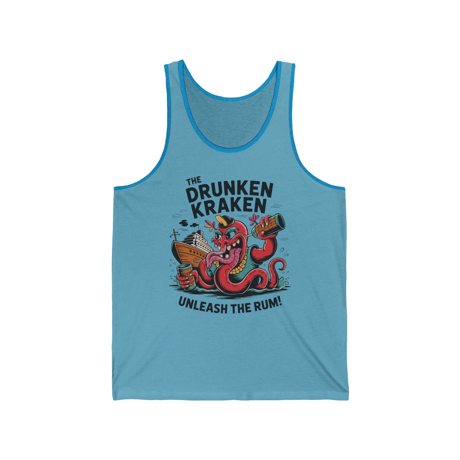 The Drunken Kraken Unisex Jersey Tank - Unleash the Rum! features a cartoon red kraken with a barrel of rum and ship, plus playful text—ideal for ocean fans and summer festivals.