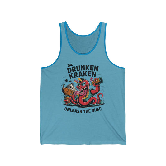 The Drunken Kraken Unisex Jersey Tank - Unleash the Rum! features a cartoon red kraken with a barrel of rum and ship, plus playful text—ideal for ocean fans and summer festivals.