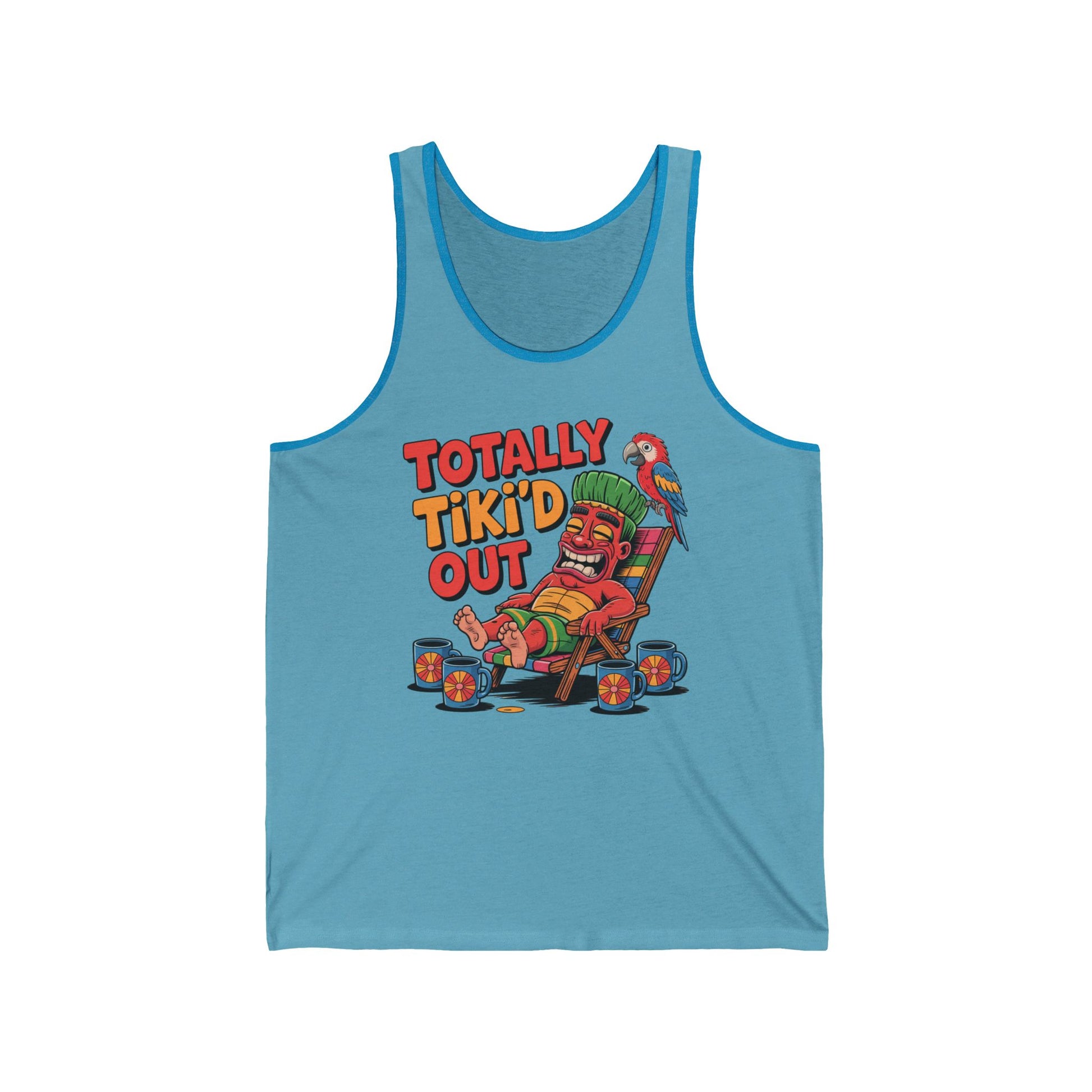 The Totally Tikid Out Unisex Jersey Tiki Tank Top features a vibrant cartoon tiki, parrot, and mugs with Totally Tikid Out text—making this breathable tank ideal for fun summer vibes and celebrations.