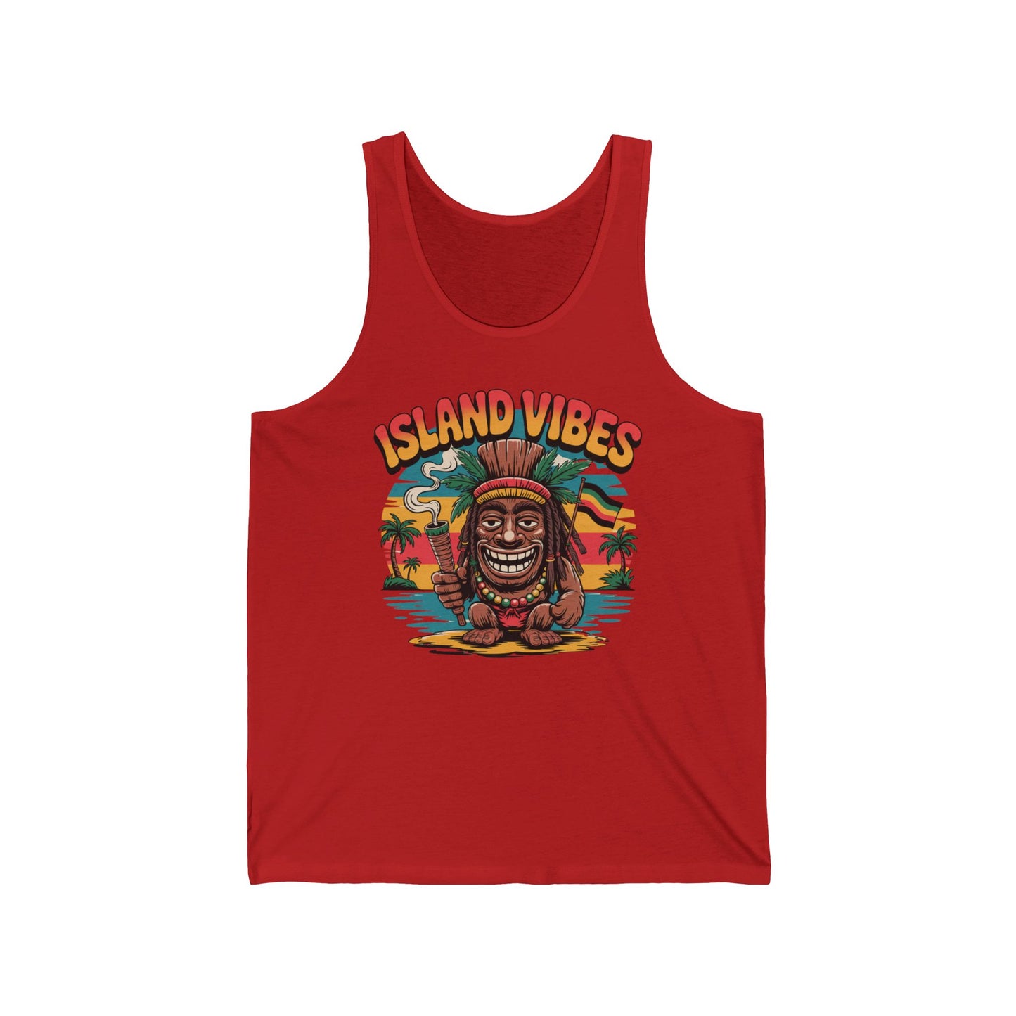 The Island Vibes Unisex Jersey Tiki Tank Top features a cartoon tiki statue, sand, palm trees, and a sunset with ISLAND VIBES above. Made from lightweight fabric—ideal for beach days and summer celebrations.