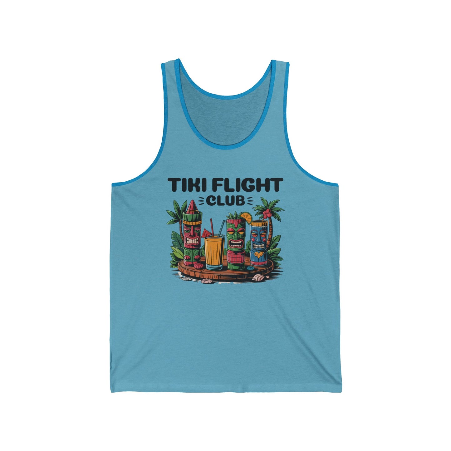 The Tiki Flight Club Unisex Jersey Tiki Tank Top is a blue tank featuring colorful tiki mugs and cocktails on a tray, palm leaves in the background, and TIKI FLIGHT CLUB above for a vibrant tropical summer vibe. Perfect for luau parties!.