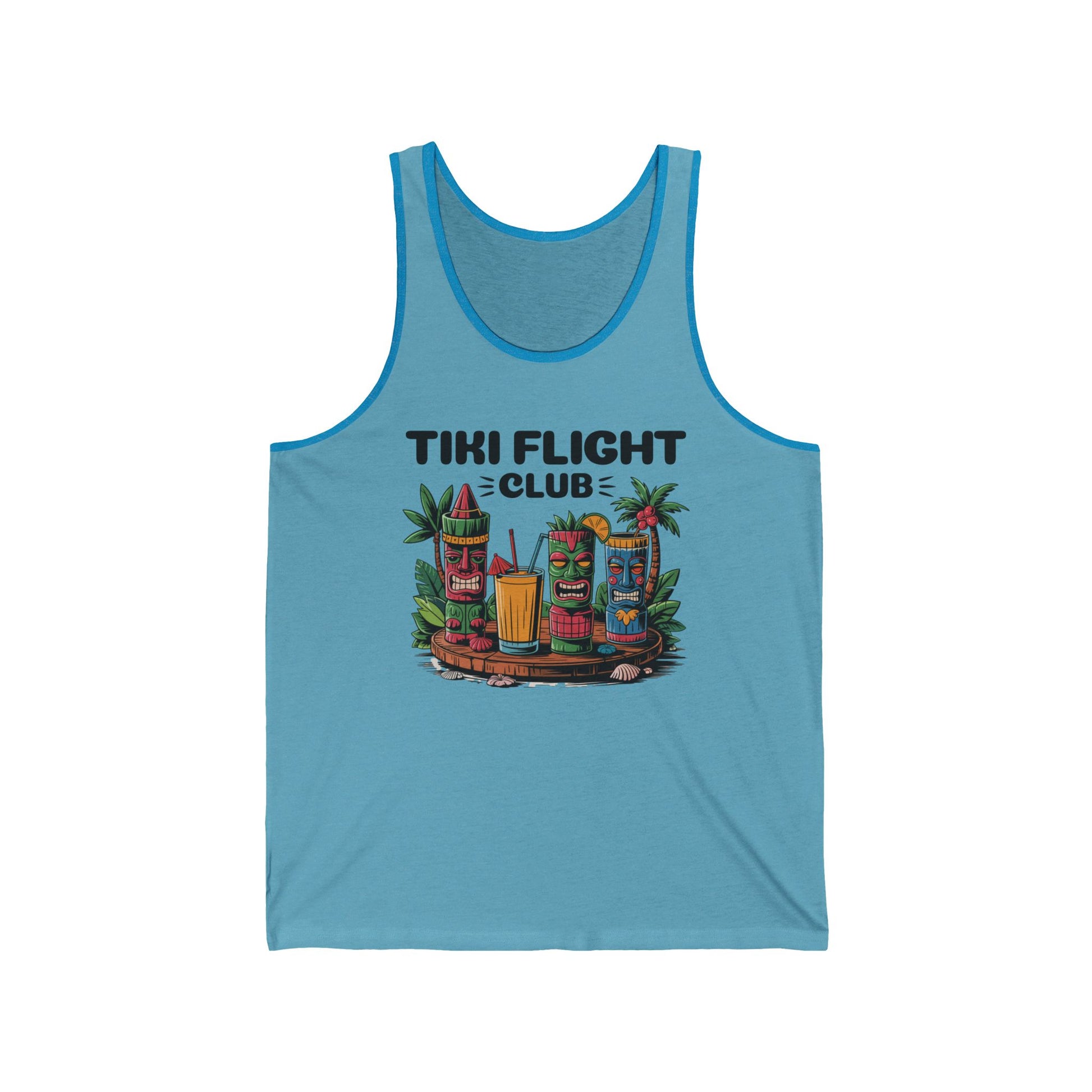 The Tiki Flight Club Unisex Jersey Tiki Tank Top is a blue tank featuring colorful tiki mugs and cocktails on a tray, palm leaves in the background, and TIKI FLIGHT CLUB above for a vibrant tropical summer vibe. Perfect for luau parties!.