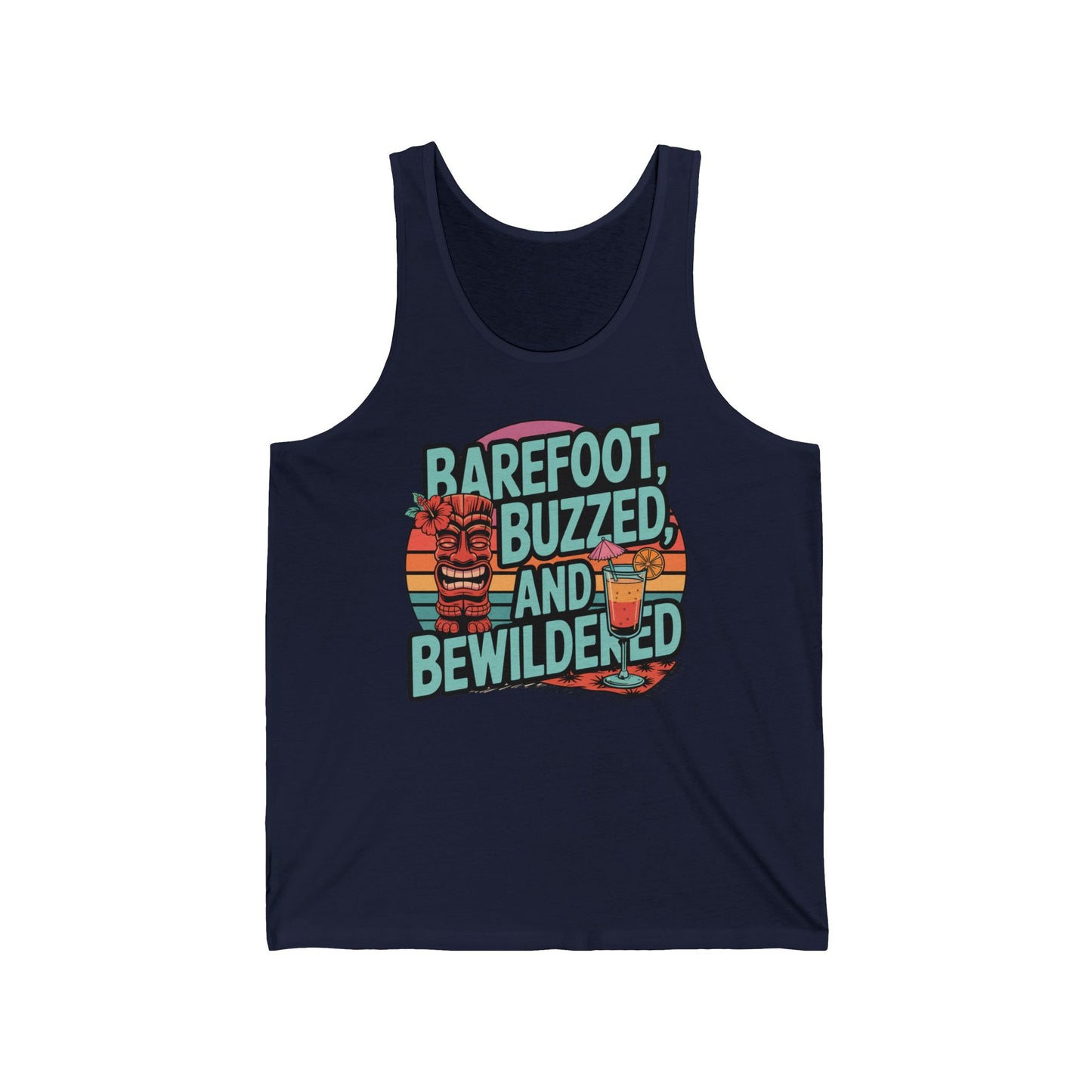The Summer Vibes Unisex Tank Top features a colorful Barefoot Buzzed and Bewildered graphic with a barefoot figure, striped blanket, cocktail glass, and sunset—ideal laid-back navy blue beachwear for all.