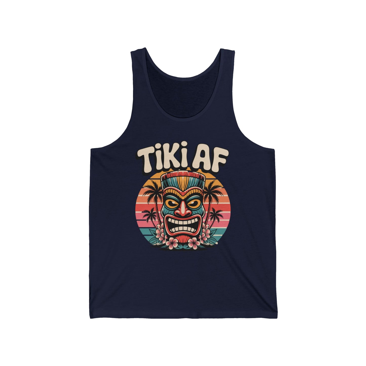 The Tiki AF Unisex Jersey Tank Top is a navy blue tank with a bold TIKI AF print, vibrant Tiki motif, palm trees, and sunset—perfect summer wear for showing off your tropical vibe.