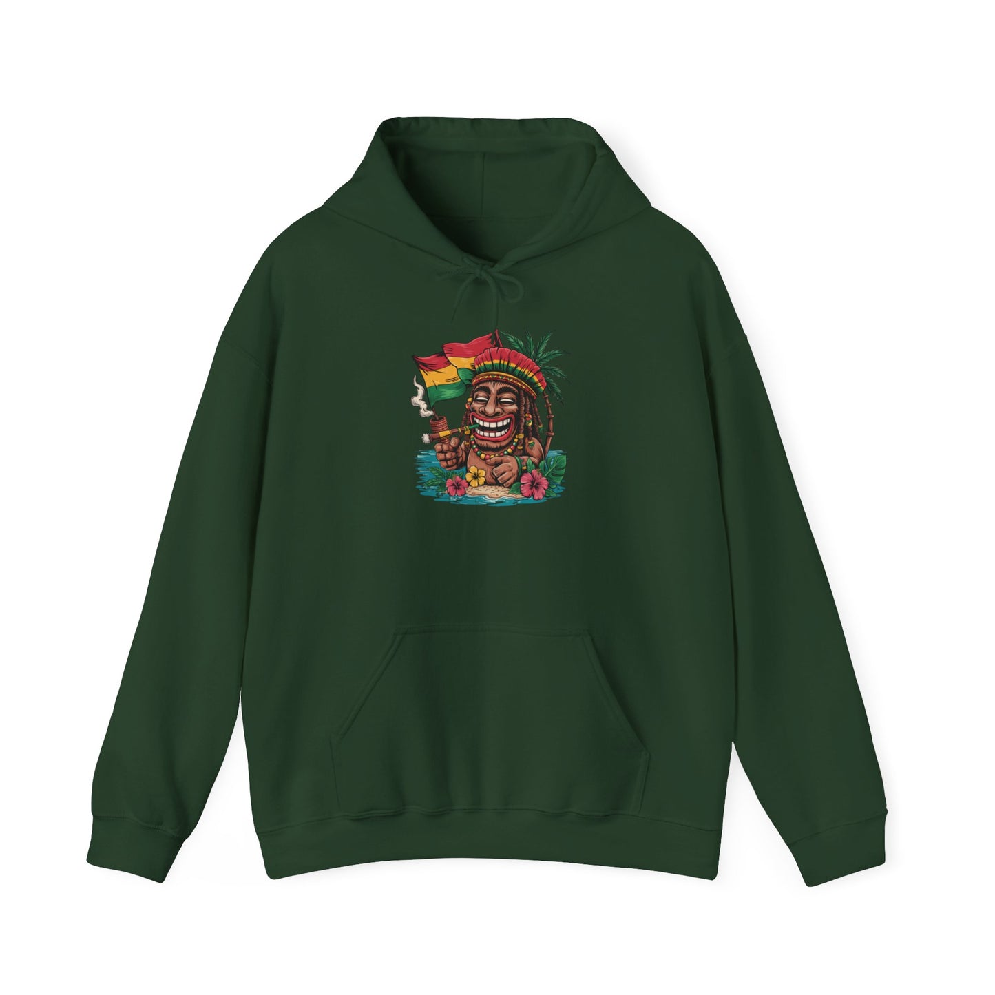 The Tropical Vibe Tiki Hoodie - Unisex Heavy Blend™ Hooded Sweatshirt features a colorful smiling tiki face in a red, yellow, and green hat with leaves and flowers—ideal for island vibes or tropical-themed events.