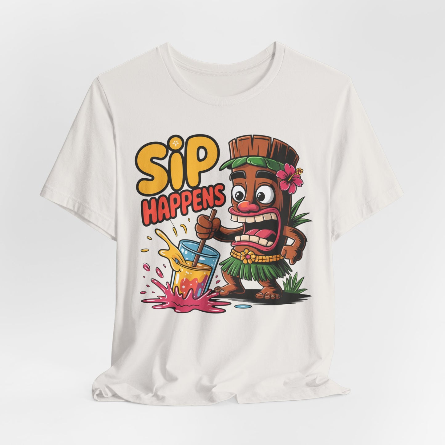 The Fun Tiki Drink Graphic Tiki T-Shirt - Sip Happens Unisex Jersey T-Shirt features a cartoon tiki in a grass skirt spilling a colorful drink with the bold phrase Sip Happens, perfect for beach lovers and summer parties.