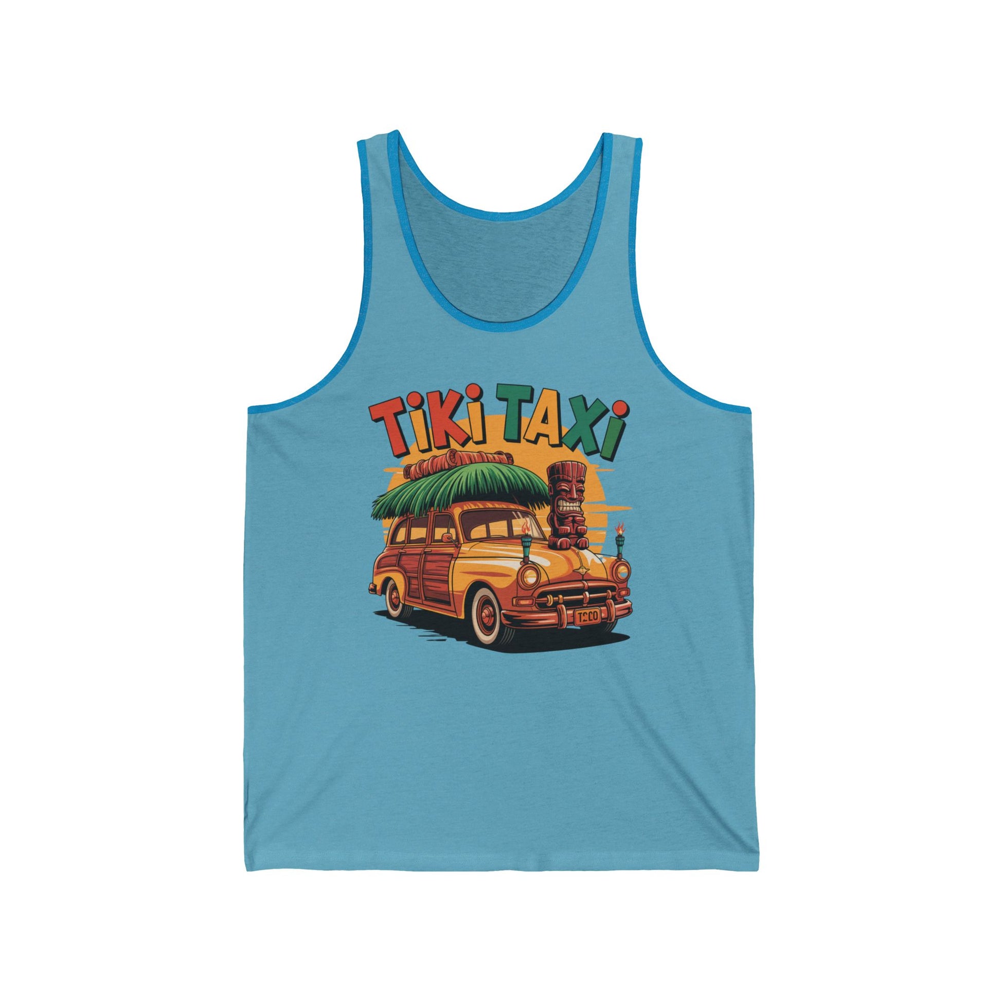 Add a playful vibe to your summer with the Tiki Taxi Unisex Tiki Tank Top—featuring a retro woodie car and tiki hut design, bold TIKI TAXI lettering, and comfy style for casual beachwear all season long.