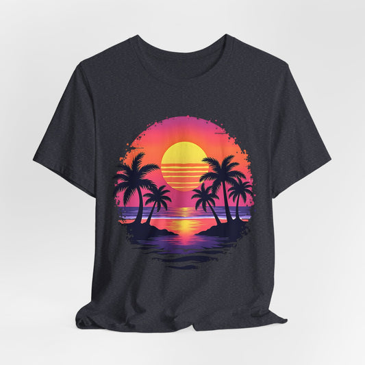 The Tropical Sunset Graphic T-Shirt is a unisex jersey short sleeve shirt crafted from soft Airlume cotton, featuring a vibrant tropical sunset with palm trees—ideal for effortless summer vibes.