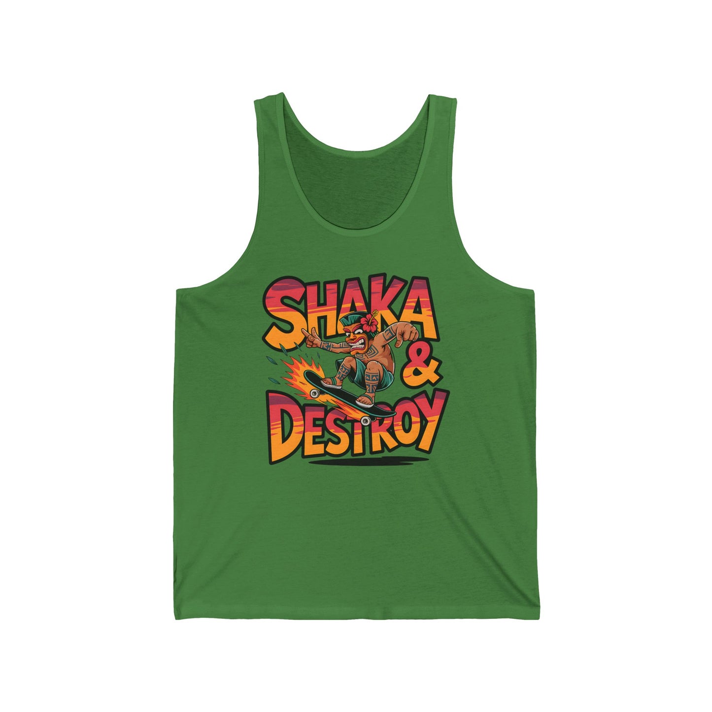Stay cool and stylish in the Shaka & Destroy Unisex Jersey Tiki Tank Top—a graphic skateboard tee perfect for summer vibes, featuring bold SHAKA & DESTROY lettering and a vibrant skateboarding character.