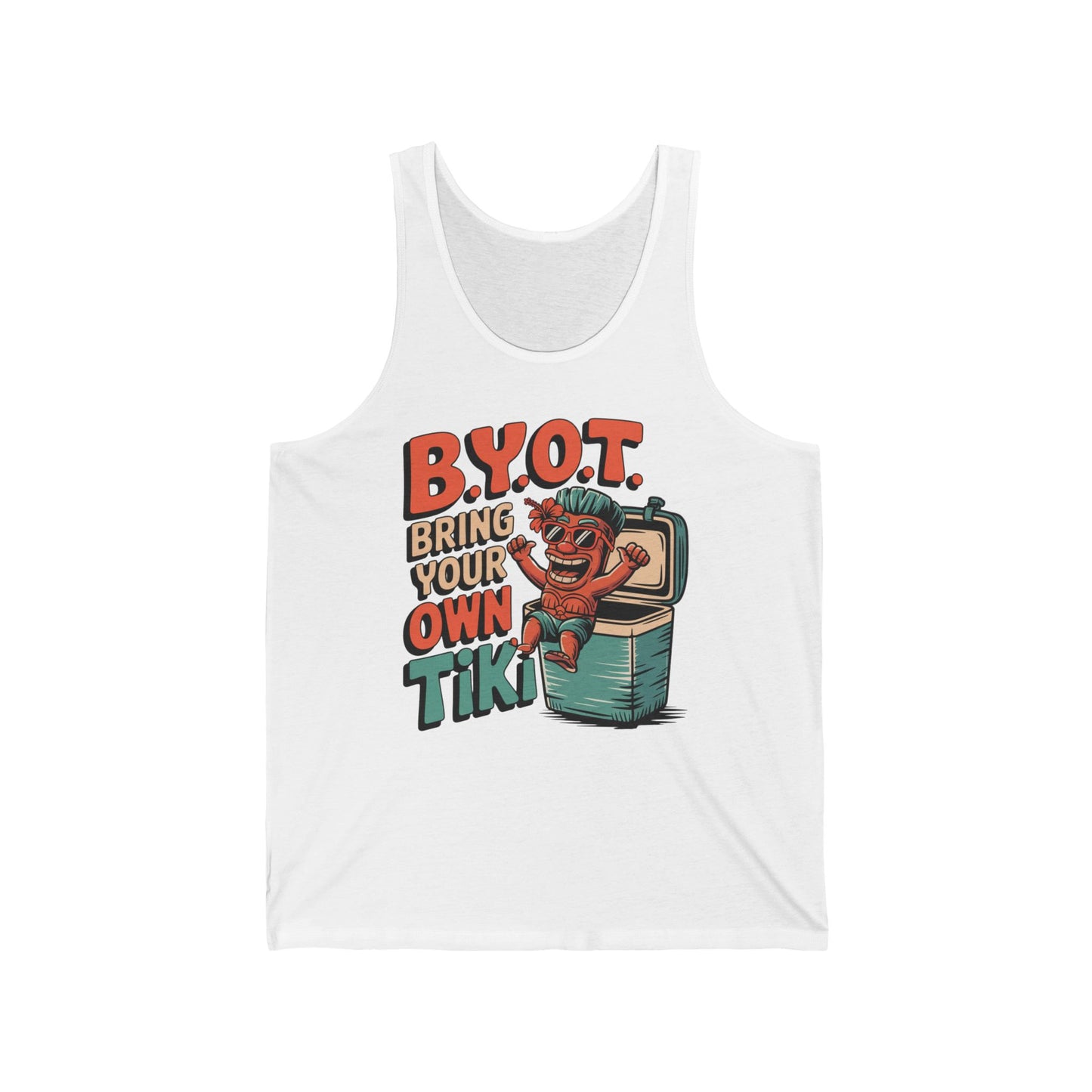 The Tiki Themed Unisex Jersey Tank - Bring Your Own Tiki Design features a cartoon tiki on a cooler with “B.Y.O.T. BRING YOUR OWN TIKI” in bold, colorful letters—a fun and trendy choice for summer gatherings.