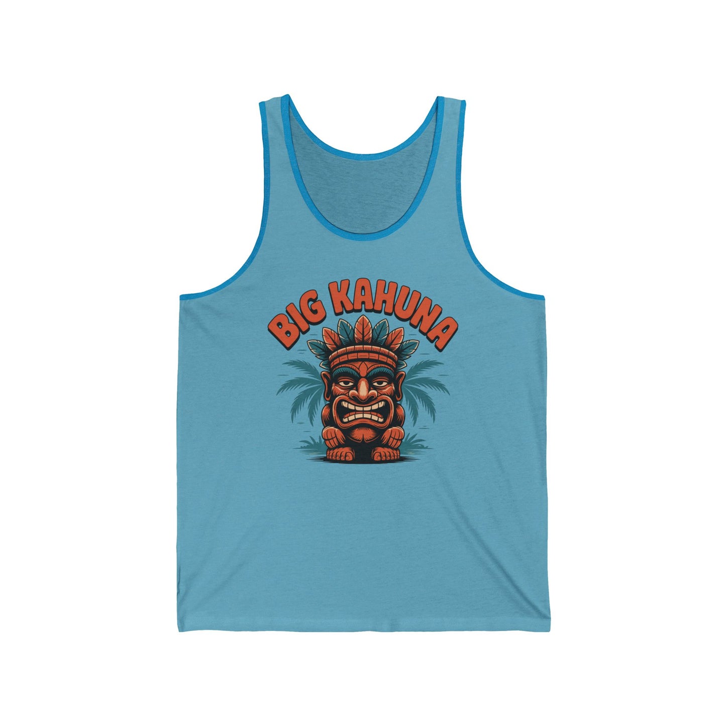 Add bold style to your summer look with the Big Kahuna Unisex Jersey Tiki Tank Top, featuring a vibrant blue design, tiki mask graphic, BIG KAHUNA lettering, and palm tree accents—perfect for tropical vibes and fun.