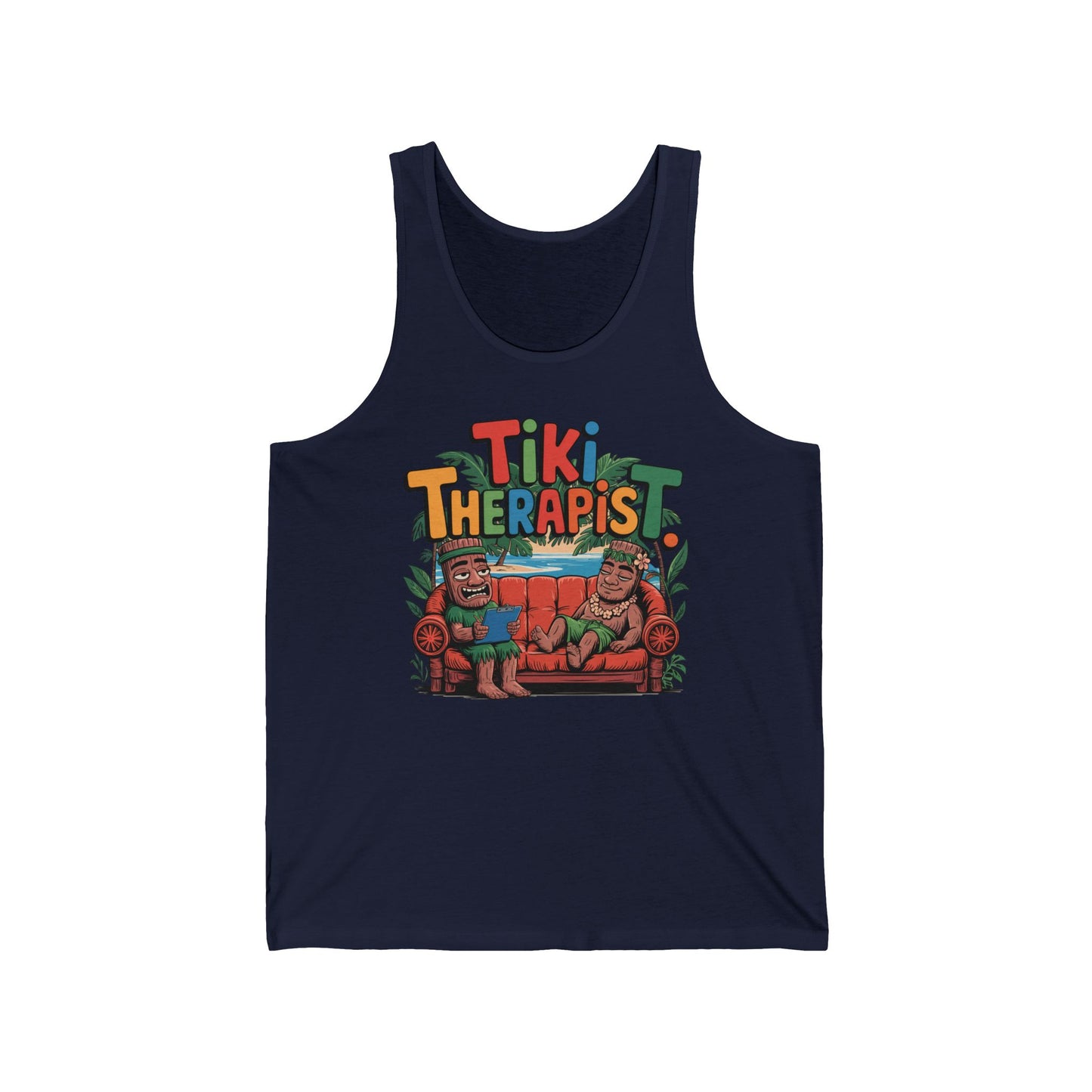 The Tiki Therapist Unisex Jersey Tiki Tank Top—Fun Summer Vibes features two cartoon tiki statues on a couch with Tiki Therapist in bright, playful letters, crafted from a comfy high-quality cotton blend.