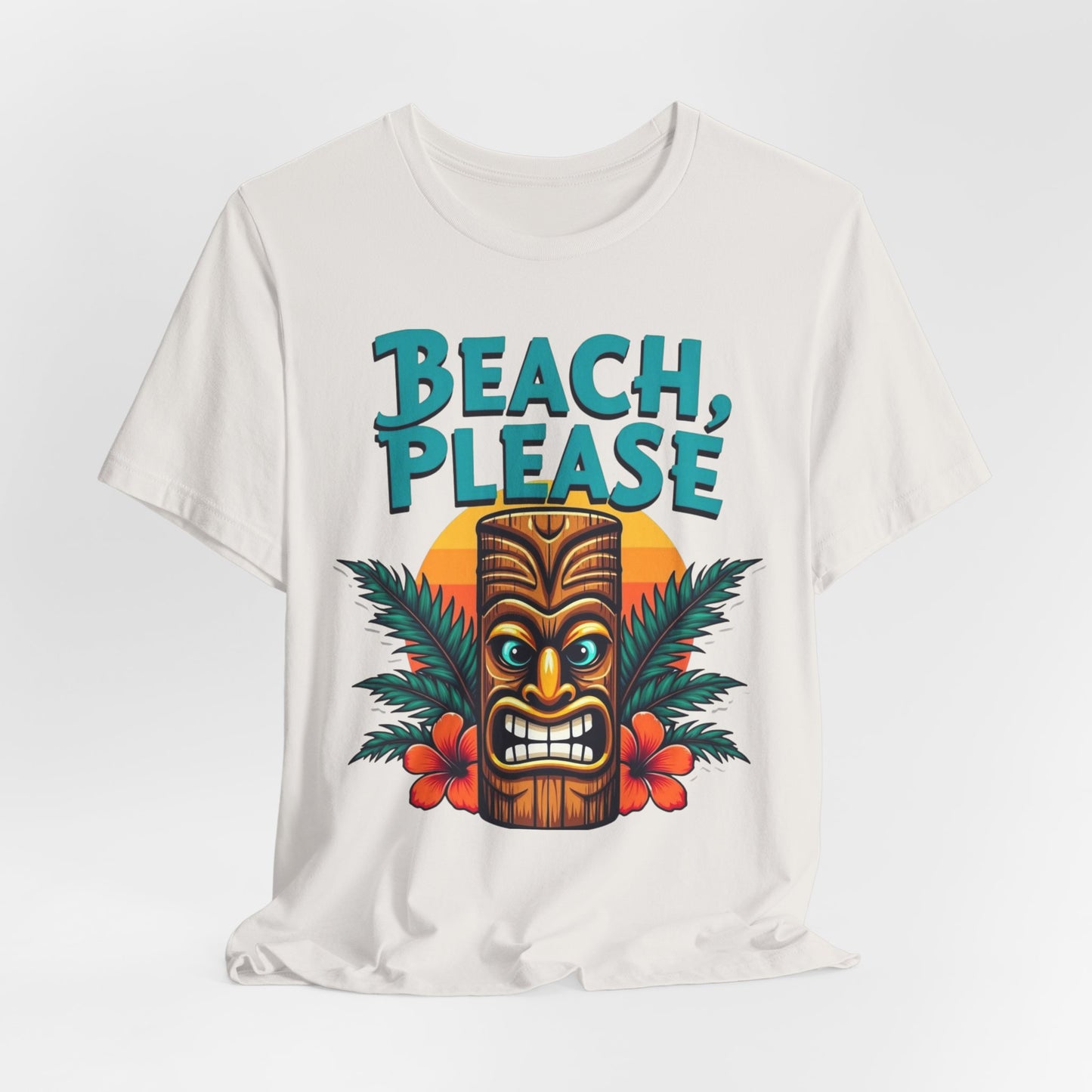 The Beach Please Unisex Short Sleeve Tiki T-Shirt - Summer Vibe Tee features a colorful tiki mask, sunset, palm leaves, hibiscus flowers, and bold teal Beach Please text—ideal for summer holidays.