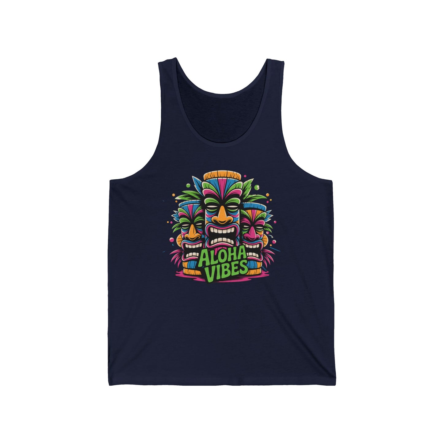 The Aloha Vibes Unisex Jersey Tiki Tank Top features three colorful tiki masks and bold green Aloha Vibes text—ideal for beach outings or summer festivals. Enjoy tropical summer style in this navy blue tank.