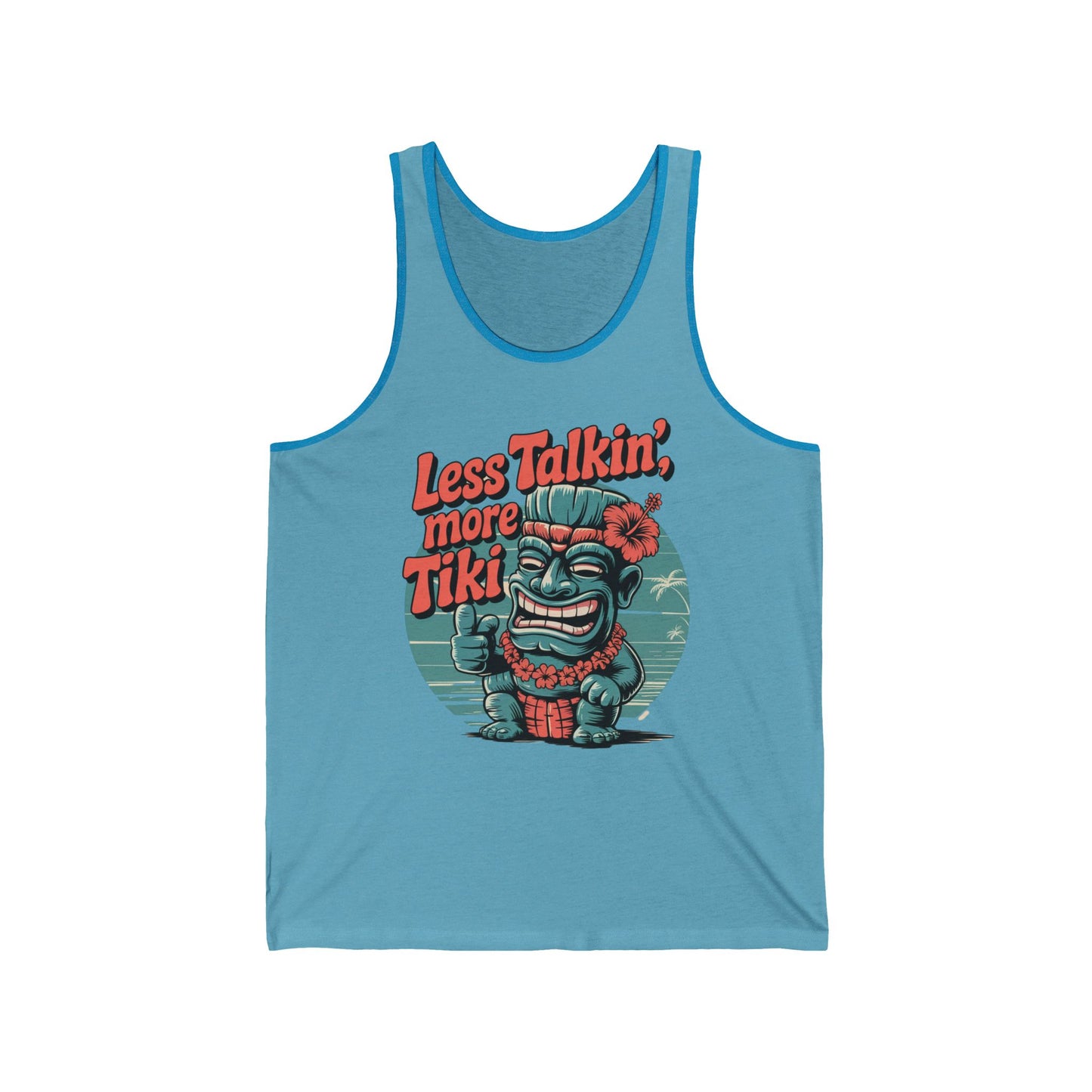 The Tiki-Inspired Unisex Jersey Tank - Less Talkin, More Tiki features a cartoon tiki statue with a flower lei, red hibiscus, and thumbs up on a tropical background—a playful tribute to tiki culture.