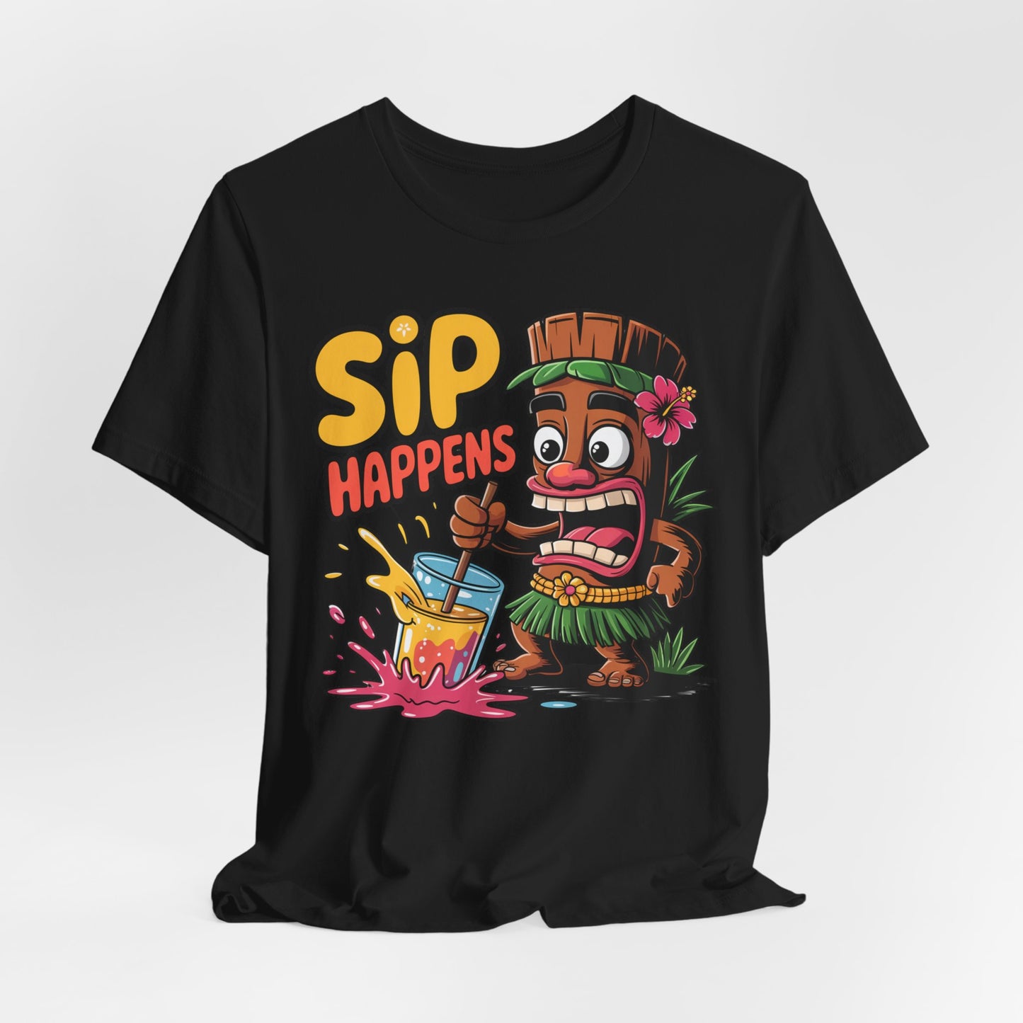 The Fun Tiki Drink Graphic Tiki T-Shirt - Sip Happens Unisex Jersey T-Shirt showcases a colorful cartoon tiki in a grass skirt and flower crown, stirring a drink beneath “Sip Happens”—ideal for beach lovers or summer parties seeking playful island vibes.