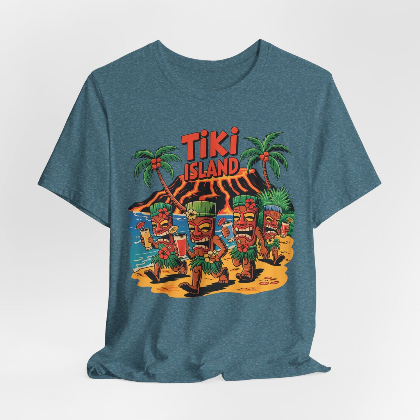 The Tiki Island Short Sleeve Tiki T-Shirt has animated tiki statues dancing with drinks by palm trees and a volcano. With “Tiki Island” text, it’s perfect for summer celebrations, beach vibes, or tropical-themed events.