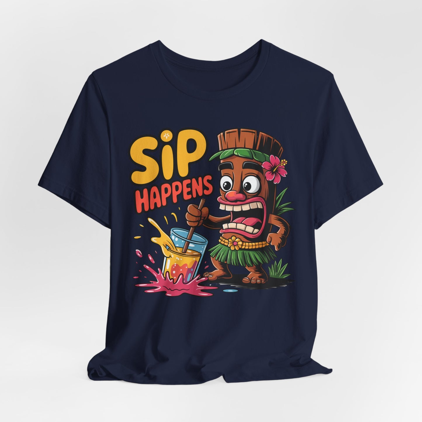 The Fun Tiki Drink Graphic Tiki T-Shirt - Sip Happens Unisex Jersey T-Shirt features a playful tiki in a grass skirt spilling a colorful drink—ideal for beach lovers and summer parties.