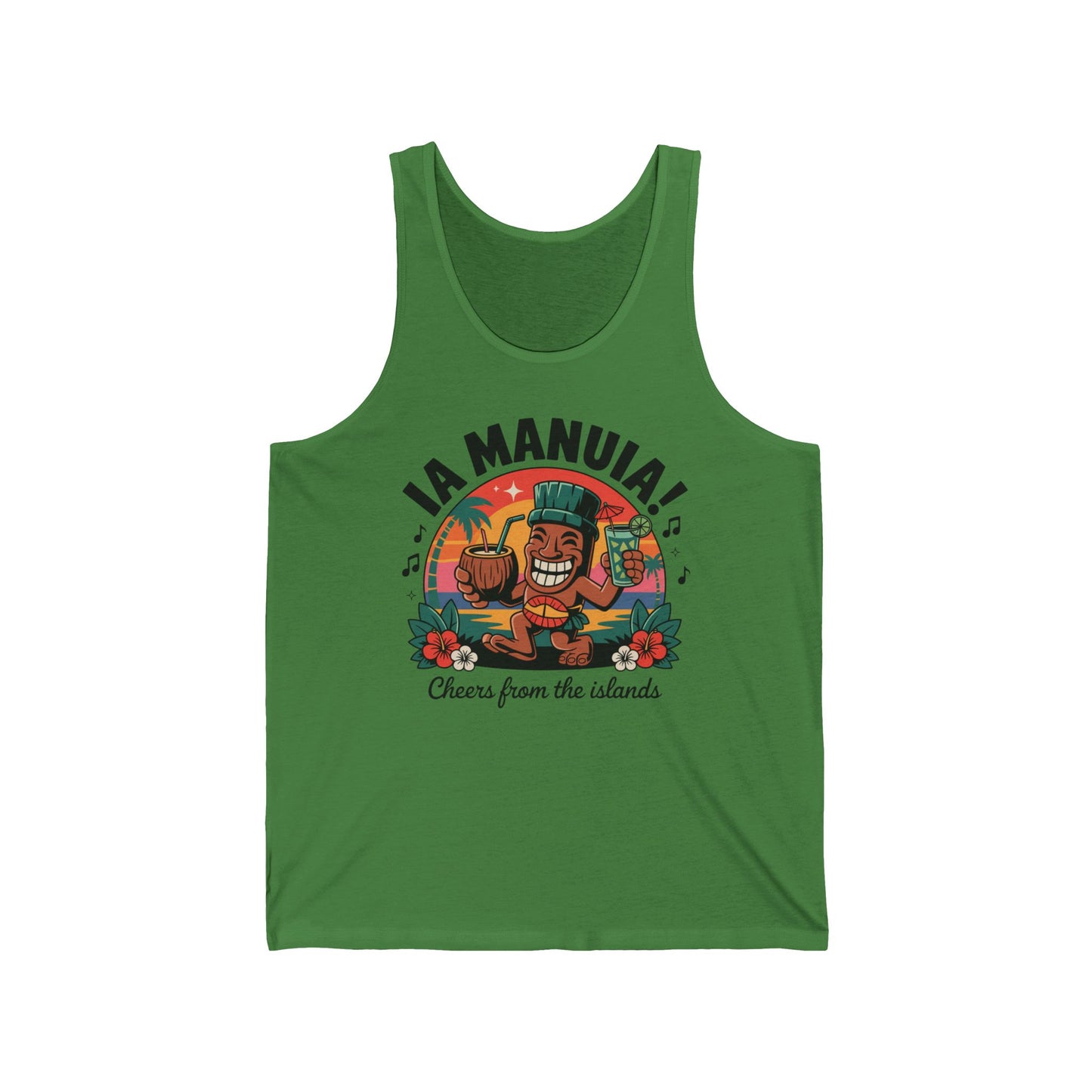 Stay cool this summer in the Cheers from the Islands Tropical Vibes Tiki Tank Top—featuring a cheerful cartoon island character with a drink and floral accents, plus “IA MANUIA!” and “Cheers from the islands” text.