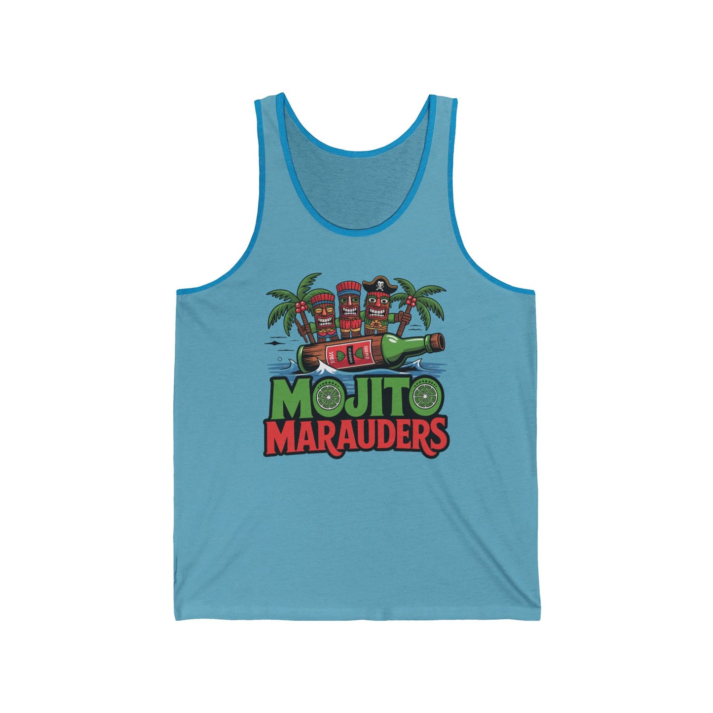 The Mojito Marauders Unisex Jersey Tiki Tank Top – Tropical Summer Vibe features lightweight, breathable fabric and a bold tiki mugs cannon graphic with palm trees and MOJITO MARAUDERS—a must-have for your summer wardrobe.