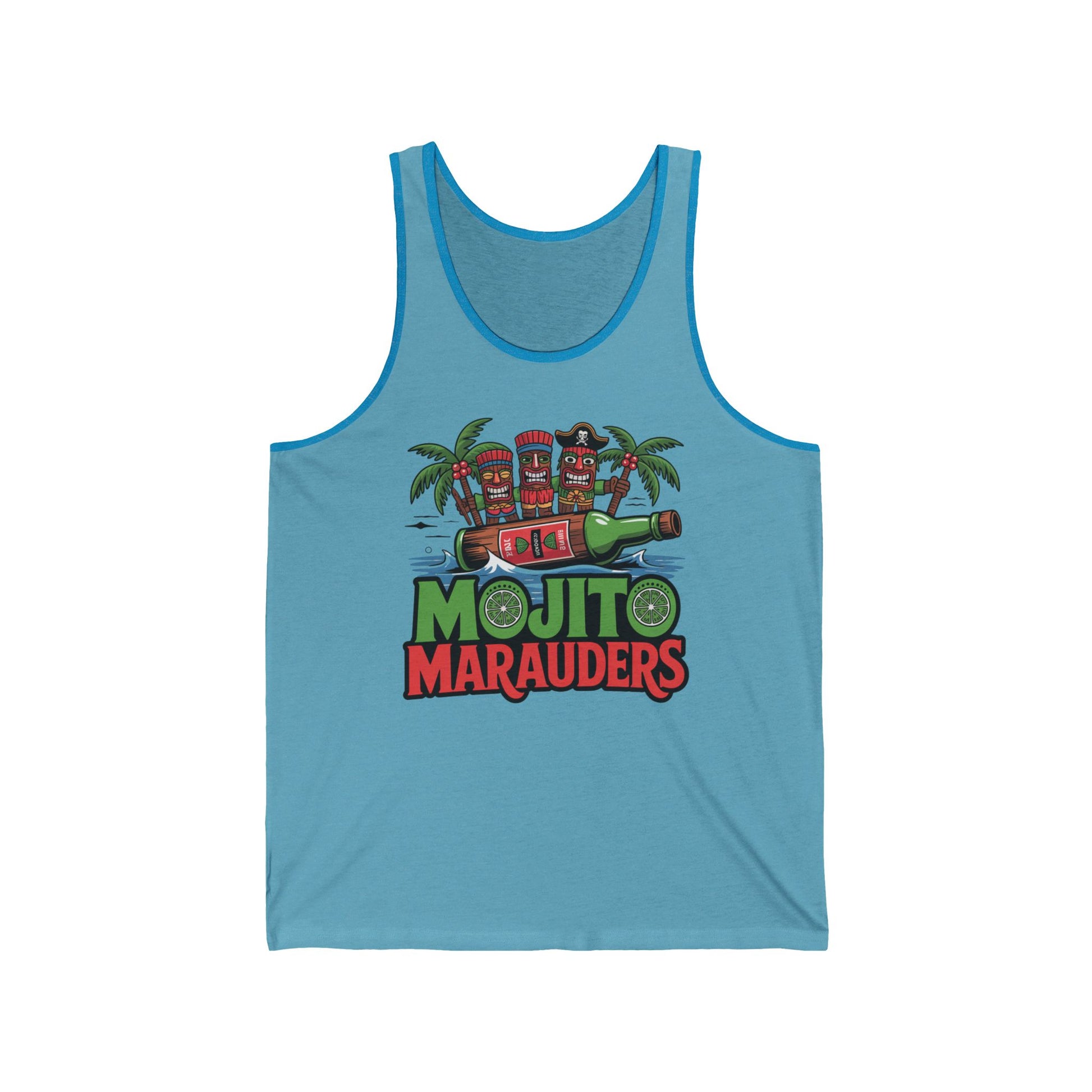 The Mojito Marauders Unisex Jersey Tiki Tank Top – Tropical Summer Vibe features lightweight, breathable fabric and a bold tiki mugs cannon graphic with palm trees and MOJITO MARAUDERS—a must-have for your summer wardrobe.