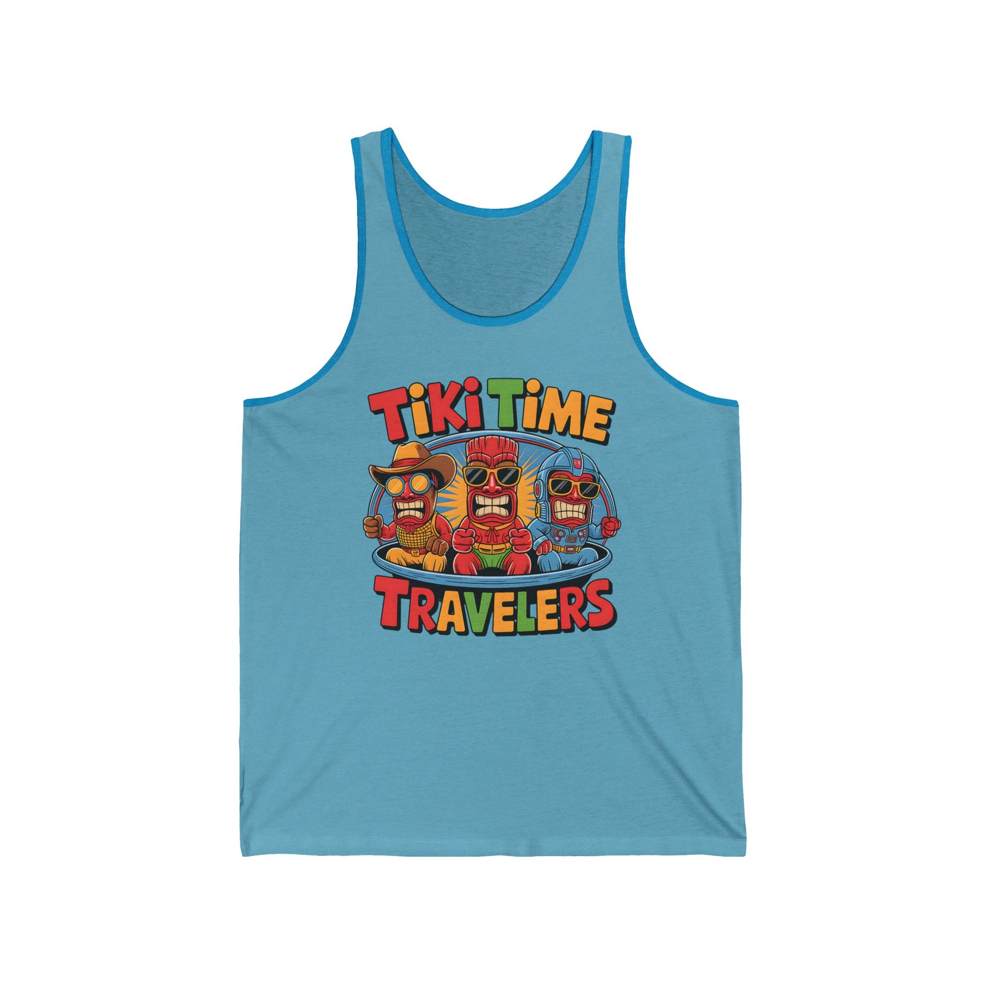 The Tiki Time Travelers Unisex Jersey Tank Top showcases three vibrant tiki faces with sunglasses and bold Tiki Time Travelers text—an ideal, playful top for summer vacations.