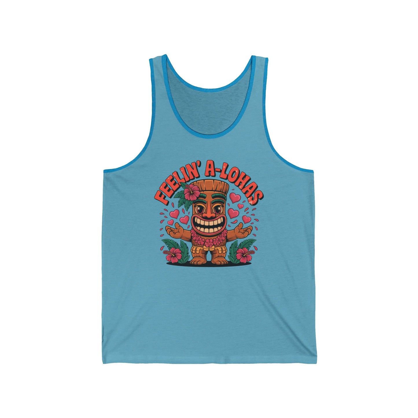 The Feelin A-Lohas Unisex Jersey Tiki Tank Top is a light blue tank with a smiling tiki, red hibiscus flowers, hearts, and playful “Feelin A-Lohas” text—a fun tropical graphic tee for any laid-back summer wardrobe.