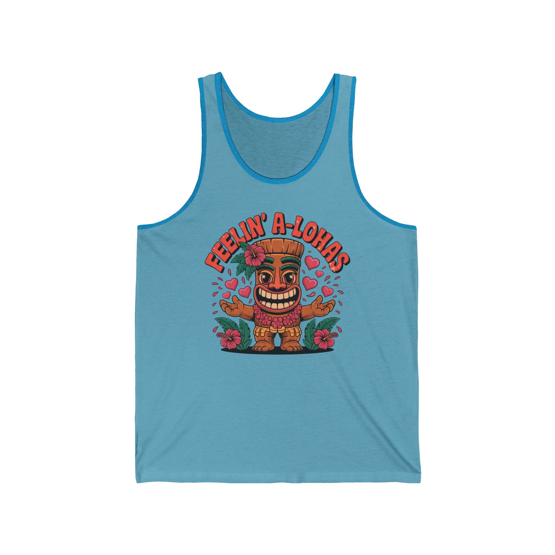 The Feelin A-Lohas Unisex Jersey Tiki Tank Top is a light blue tank with a smiling tiki, red hibiscus flowers, hearts, and playful “Feelin A-Lohas” text—a fun tropical graphic tee for any laid-back summer wardrobe.