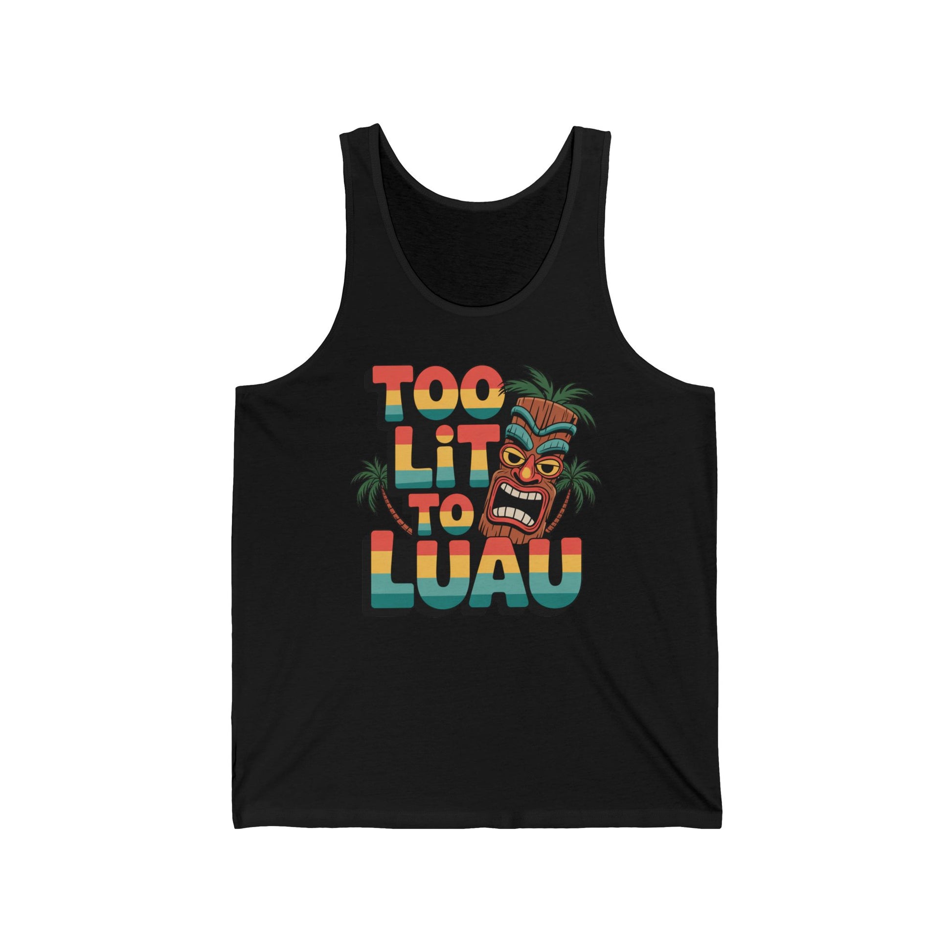 The Tropical Tank Top - Too Lit to Luau Unisex Jersey Tank features a vibrant tiki mask, palm trees, and bold retro text—perfect for adding tropical flair to your summer look.