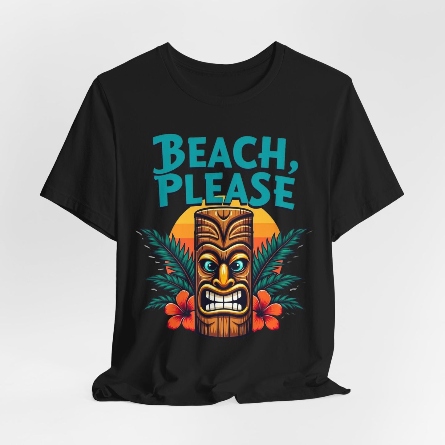 The Beach Please Unisex Short Sleeve Tiki T-Shirt features a colorful tiki mask with flowers and palm leaves before a sunset, plus bold turquoise “BEACH, PLEASE” text—ideal for summer vibes and holidays!.