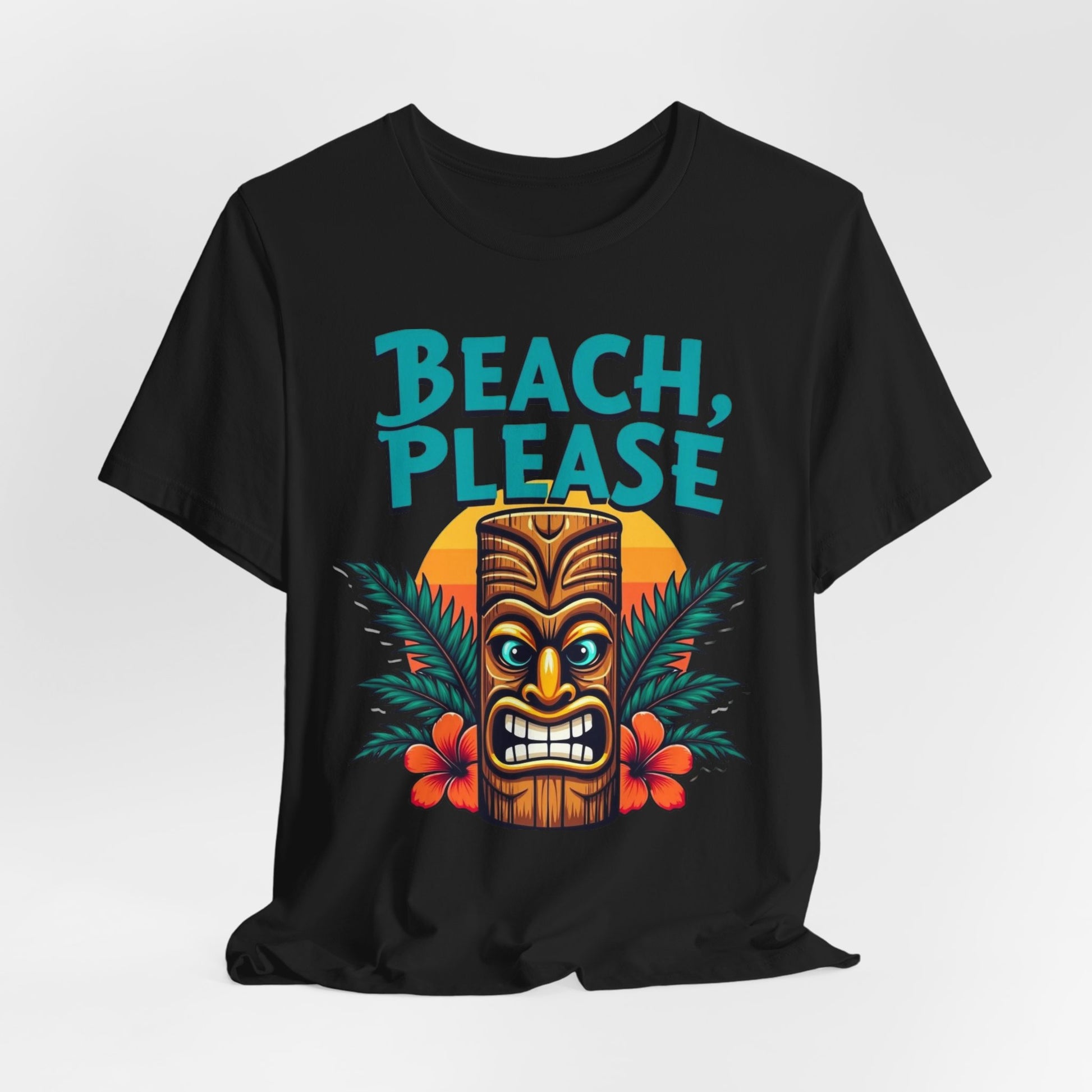 The Beach Please Unisex Short Sleeve Tiki T-Shirt features a colorful tiki mask with flowers and palm leaves before a sunset, plus bold turquoise “BEACH, PLEASE” text—ideal for summer vibes and holidays!.