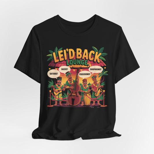 The Leid Back Lounge Unisex Tiki T-Shirt features four cartoon tiki musicians under palm trees and LEID BACK LOUNGE text—perfect for music lovers seeking a relaxed, tropical vibe.
