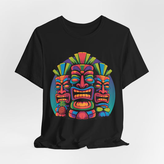 The Vibrant Tribal Mask Tiki T-Shirt - Unisex Short Sleeve Tiki T-Shirt features three bold tribal masks, geometric accents, and a small pineapple—a standout piece for any casual wardrobe.