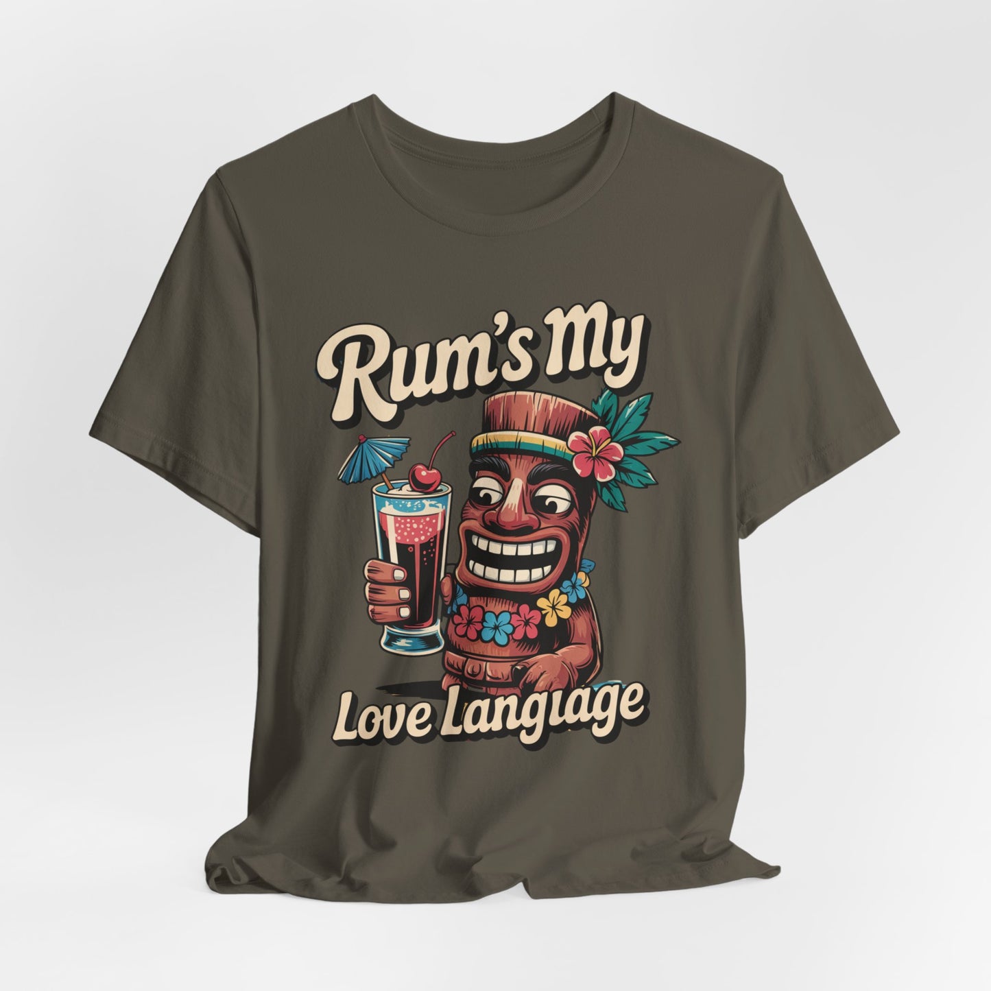 The Tropical Rum Themed Tiki T-Shirt - Rums My Love Language Unisex Jersey Short Sleeve features a smiling tiki with a tropical drink and bold text, making it perfect for summer gatherings or fun tropical celebrations.