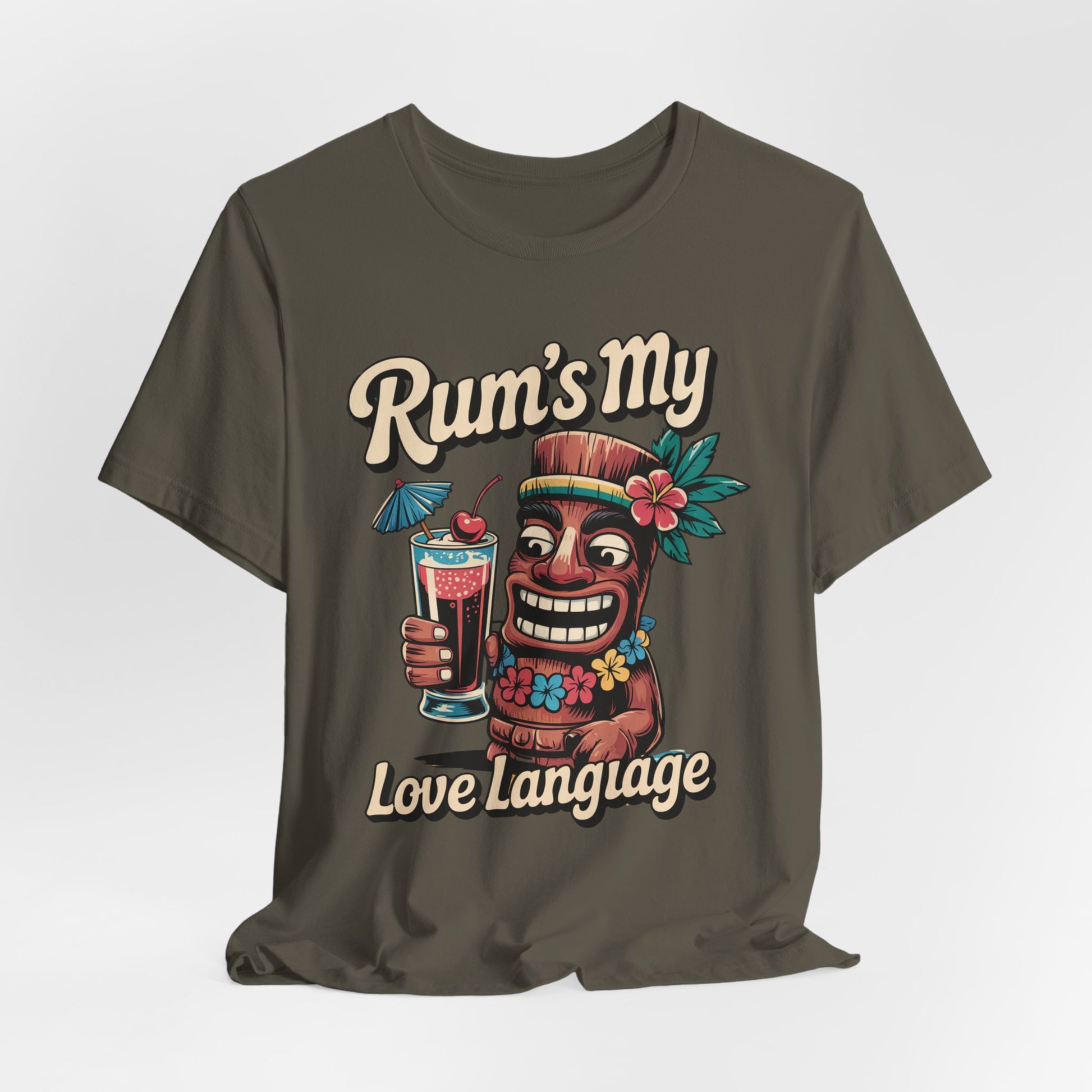 The Tropical Rum Themed Tiki T-Shirt - Rums My Love Language Unisex Jersey Short Sleeve features a smiling tiki with a tropical drink and bold text, making it perfect for summer gatherings or fun tropical celebrations.
