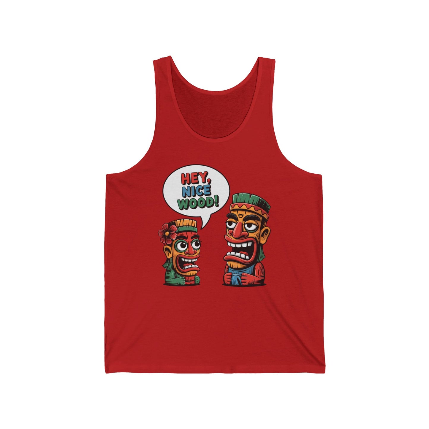 Add beach vibes to your wardrobe with the Tank Top - Hey, Nice Wood- Beach Vibes Funny Tiki Tank Top, featuring two cartoon tiki heads and a playful “HEY, NICE WOOD!” speech bubble—great for Hawaiian-themed parties.