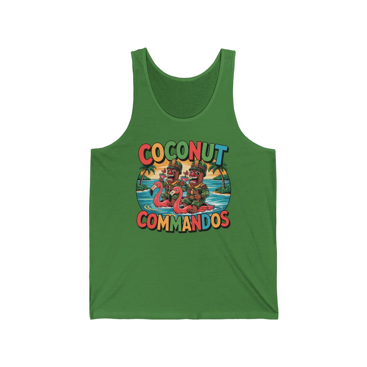 The Coconut Commandos Unisex Jersey Tiki Tank Top features a colorful cartoon of two coconuts as commandos with water guns on a tropical beach, and “Coconut Commandos” text—ideal for fun, relaxed summer wear.